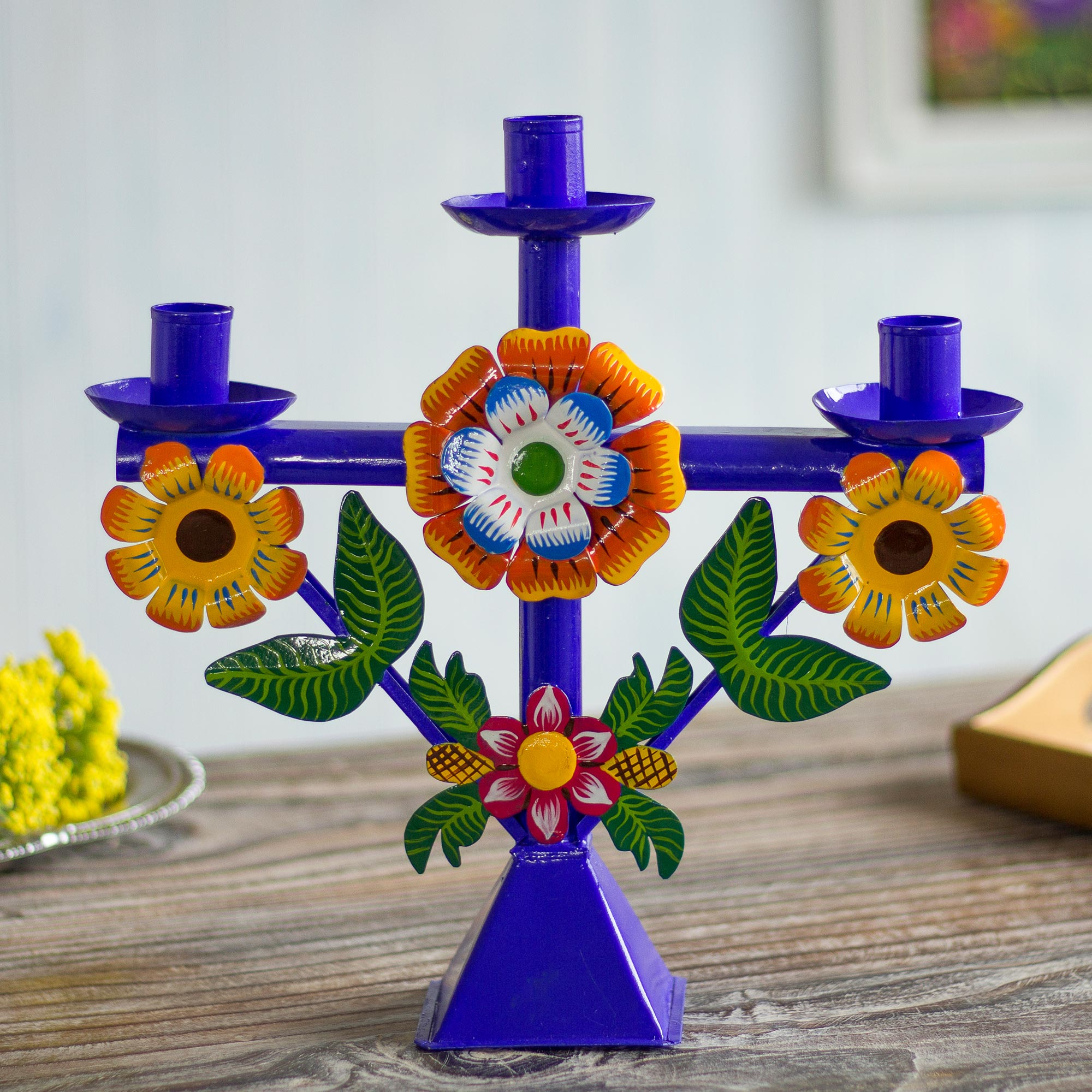 Premium Blue Floral Recycled Metal Candelabra – Handcrafted in Peru