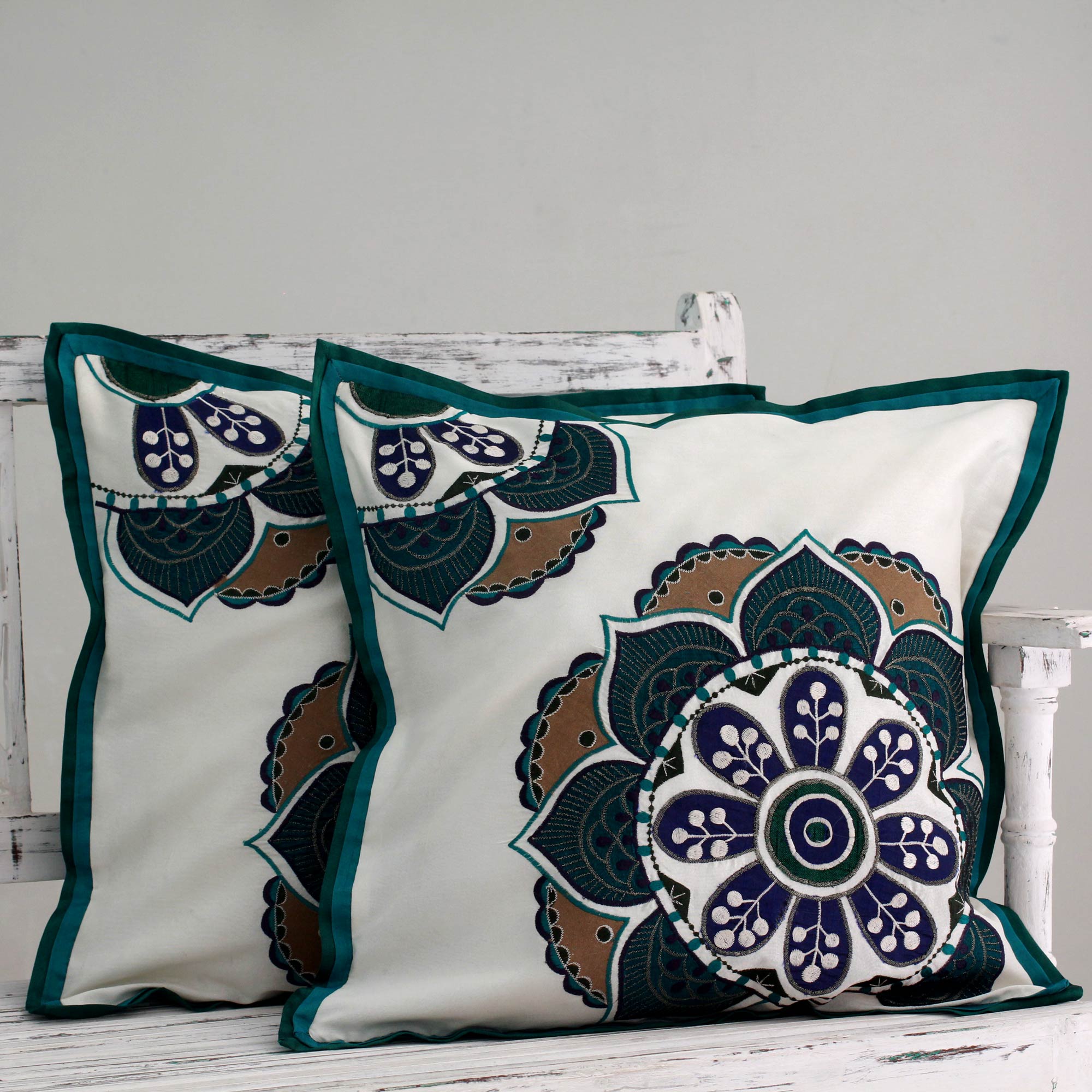 Premium Teal Floral Cushion Covers Set - Handcrafted Elegance (Pair)