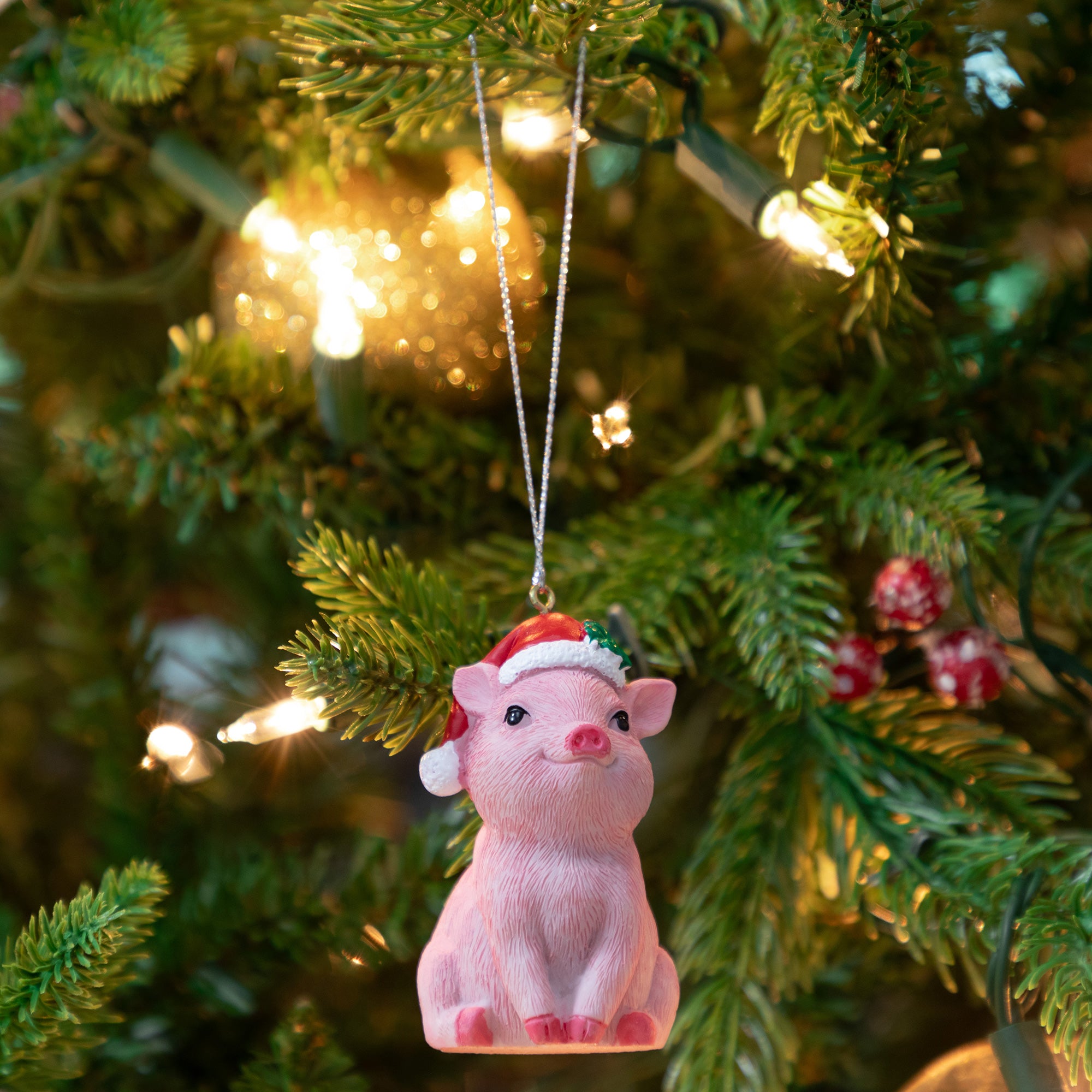 Premium Lucky Pink Pig Ornament with Santa Hat