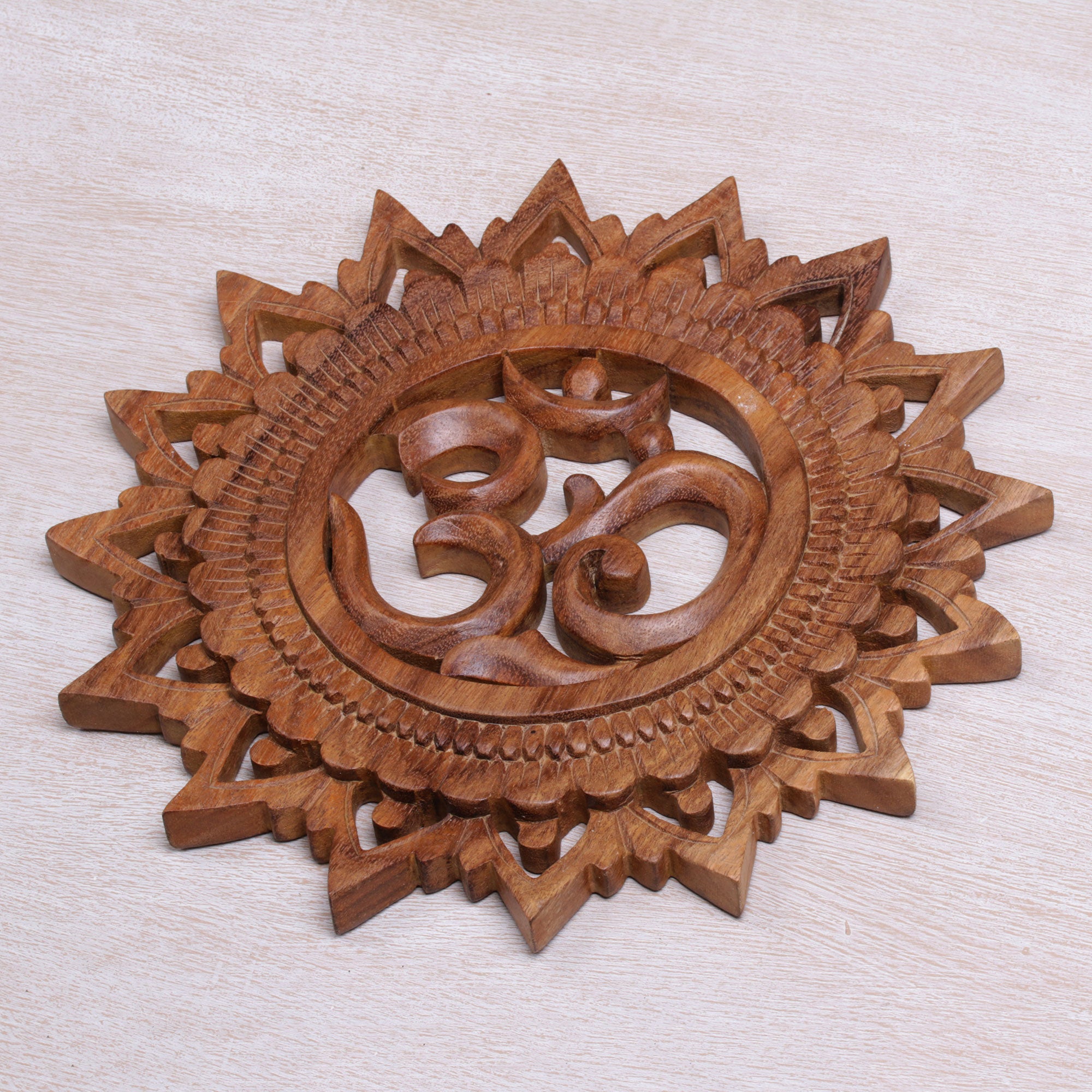 Premium Om Bloom Hand-Carved Suar Wood Panel – Bali's Tranquil Art