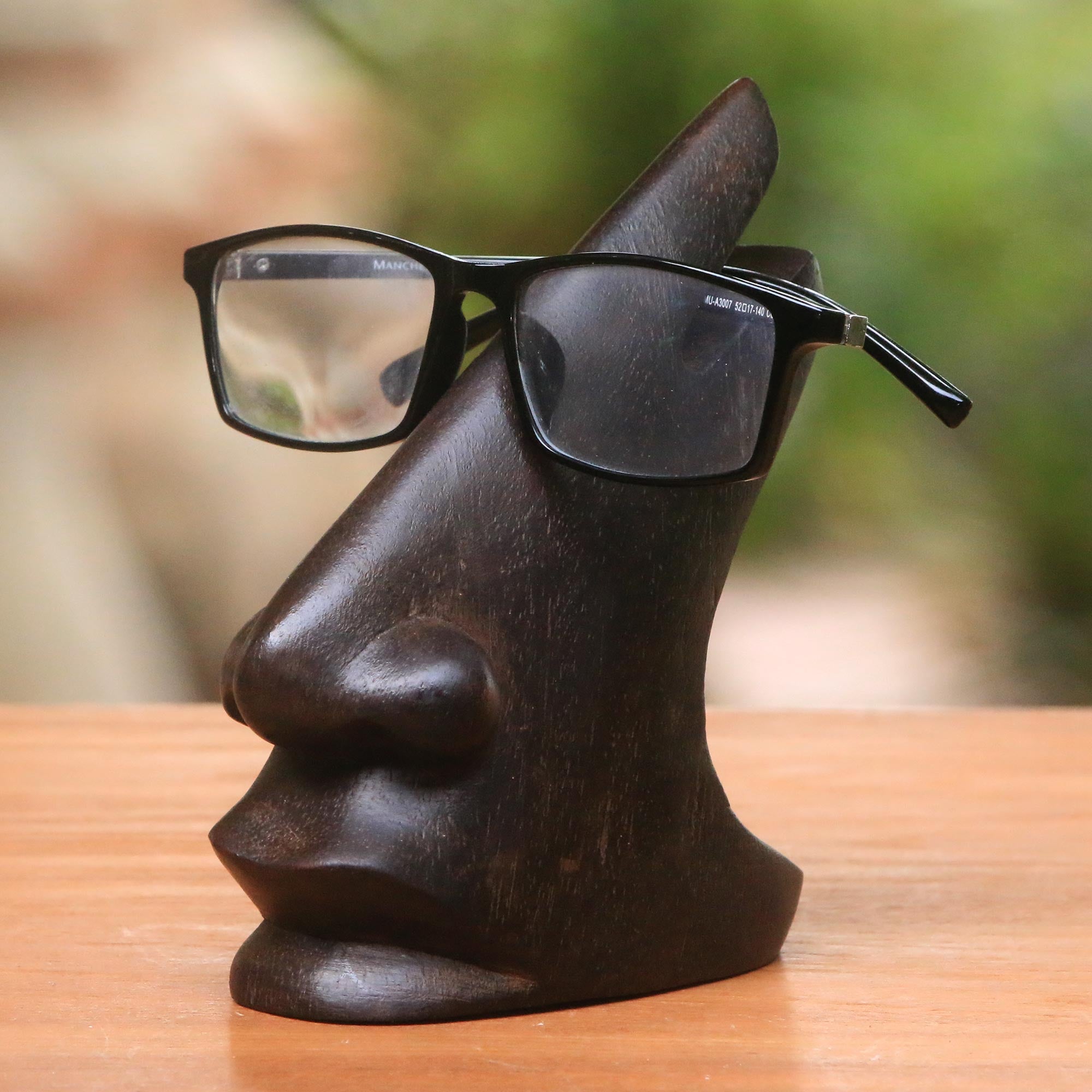Premium Dark Brown Wood Eyeglasses Stand - Handcrafted Balinese Artisan Design