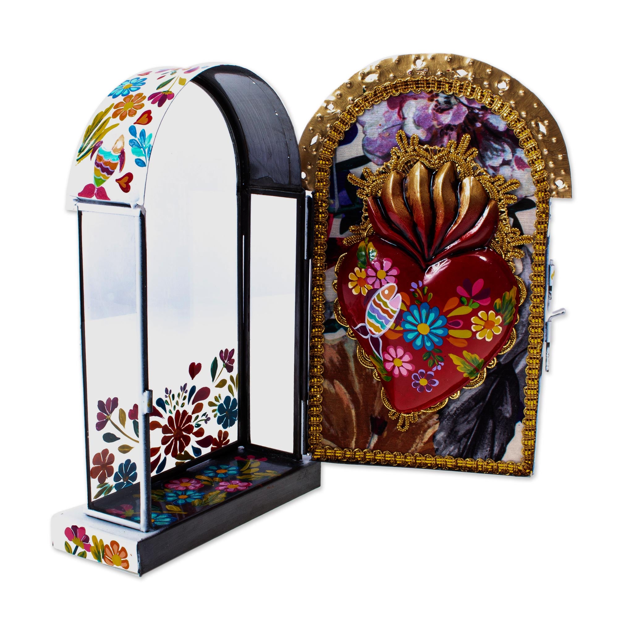 Premium Sacred Heart Wall Niche - Hand-Painted Wood & Tin Folk Art