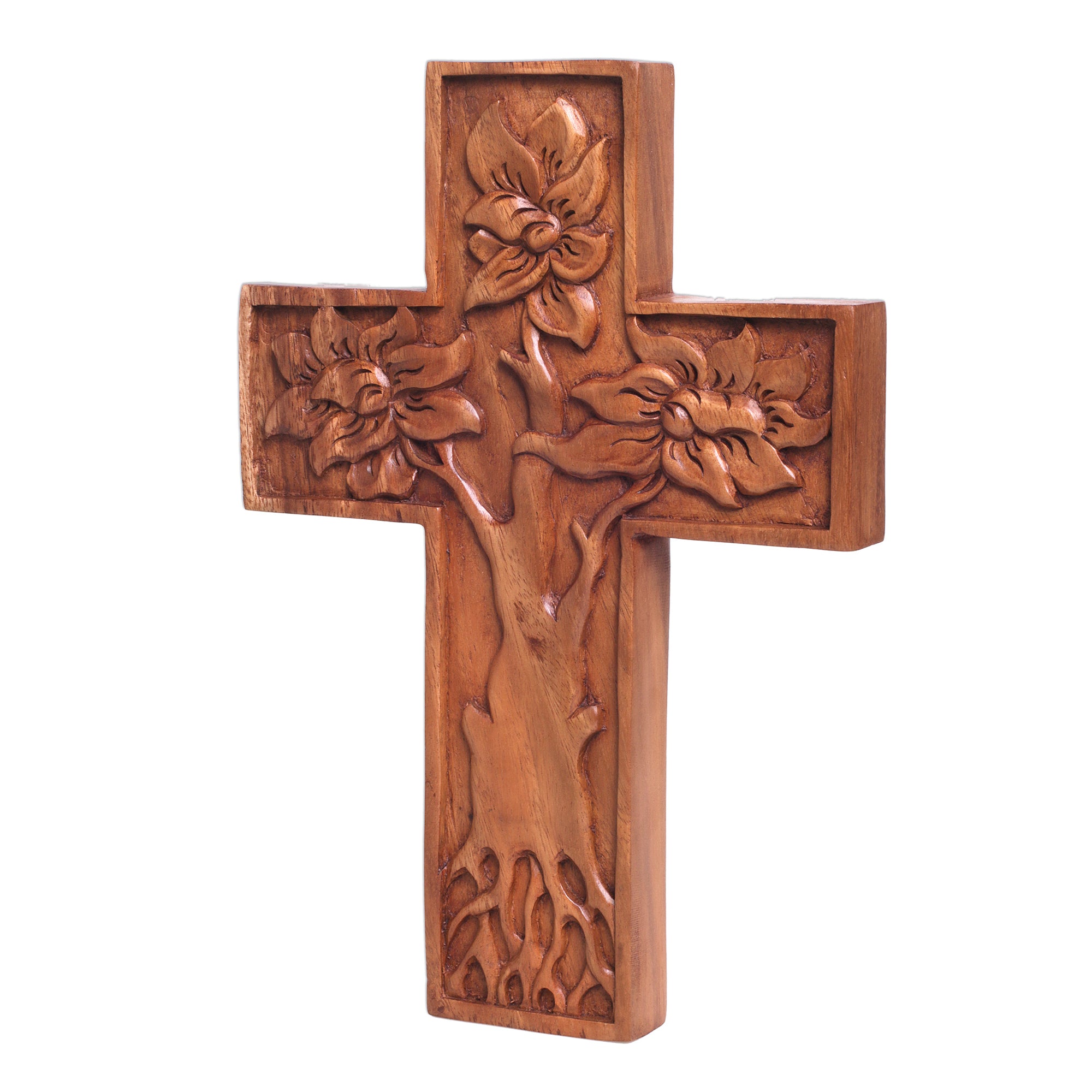 Premium Hand-Carved Mangrove Tree Suar Wood Wall Cross – Bali Artisan Crafted