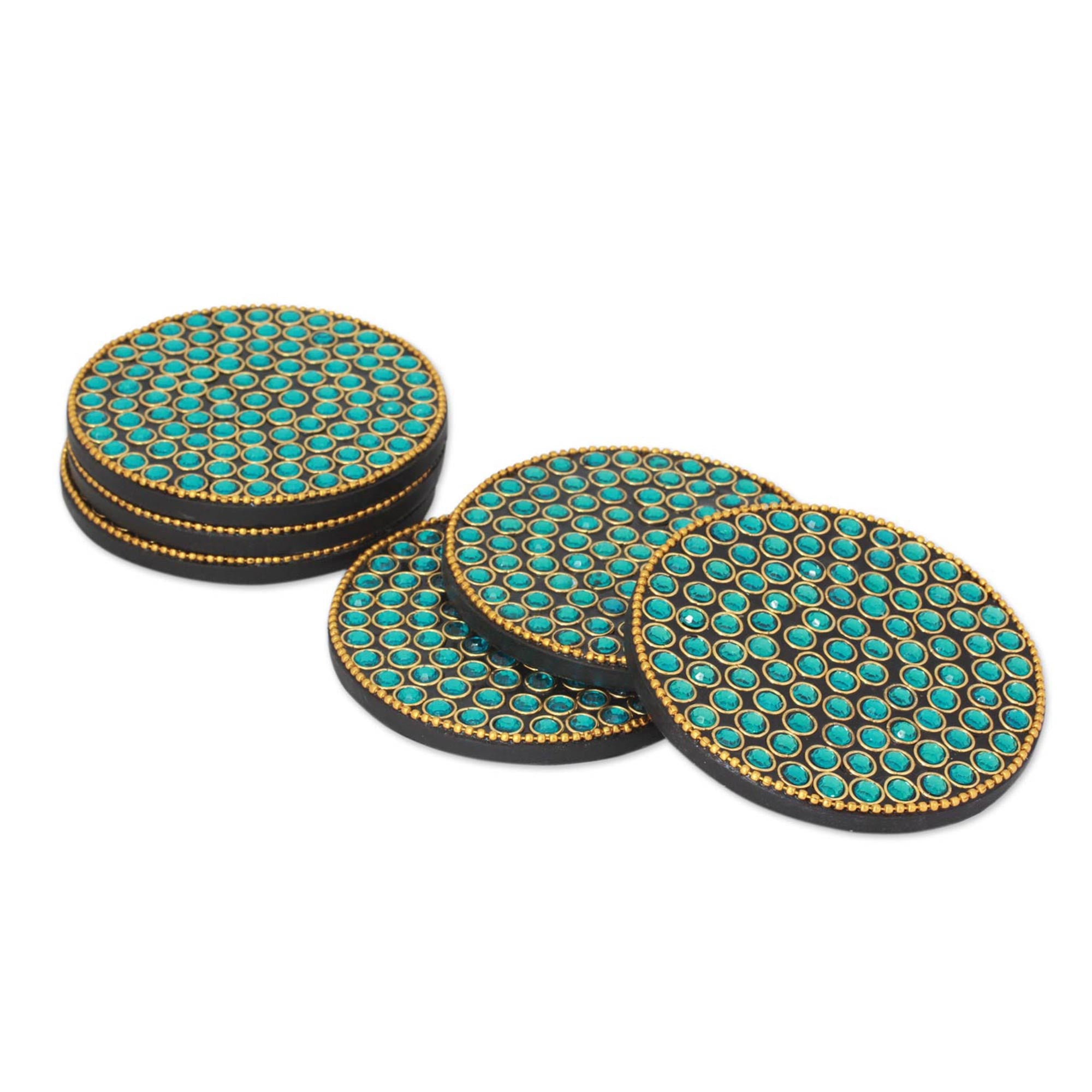 Premium Aqua Glitz Bejeweled Coasters - Set of 6