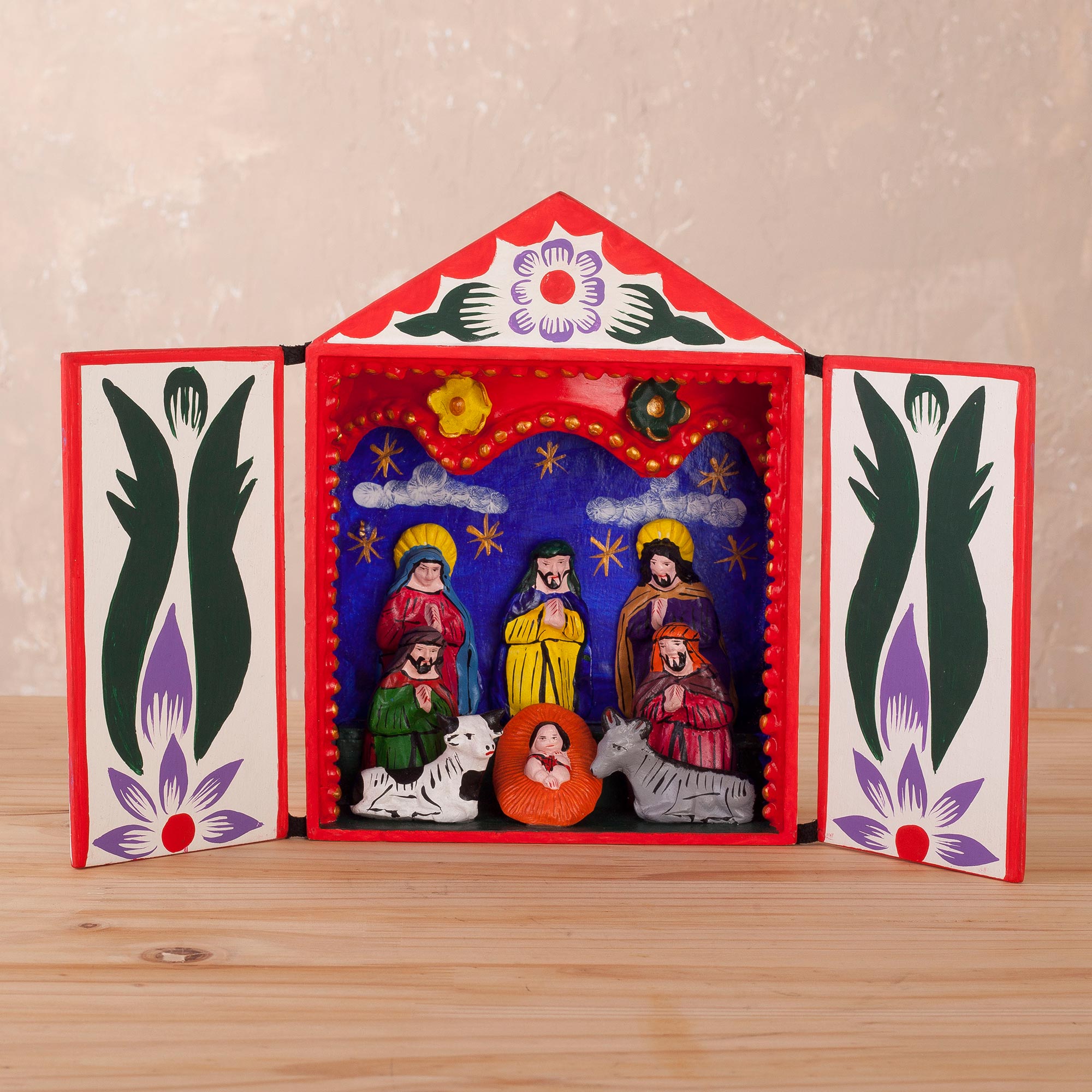 Premium Handcrafted Ayacucho Ceramic Retablo Diorama - Holy Family with the Magi