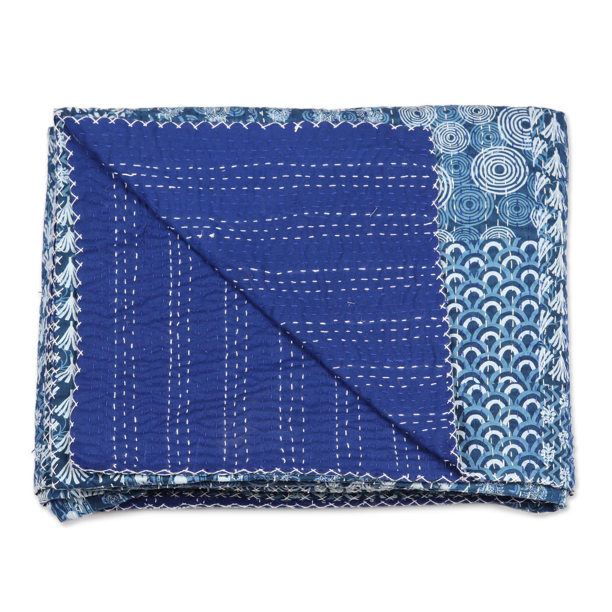 Premium Blue & White Cotton Kantha Bedspread Set - 3 Piece with Pillow Shams
