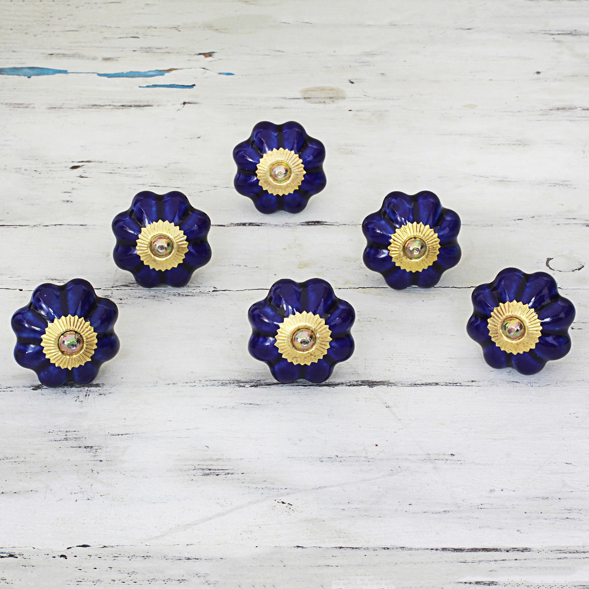 Premium Handmade Indigo Floral Ceramic Cabinet Knobs - Set of 6 (India Crafted)