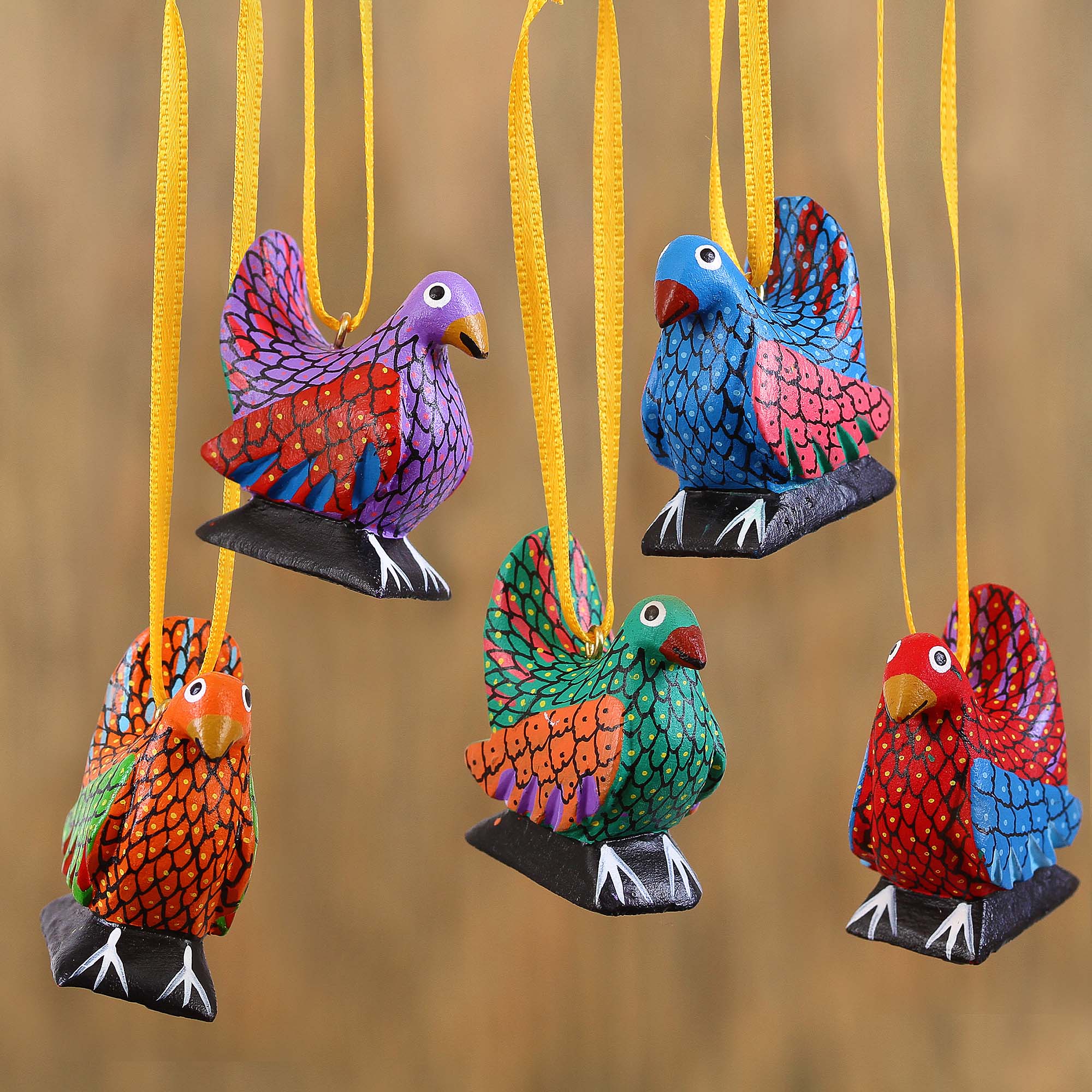 Premium Handcrafted Mexican Wood Alebrije Chicken Ornaments - Set of 5