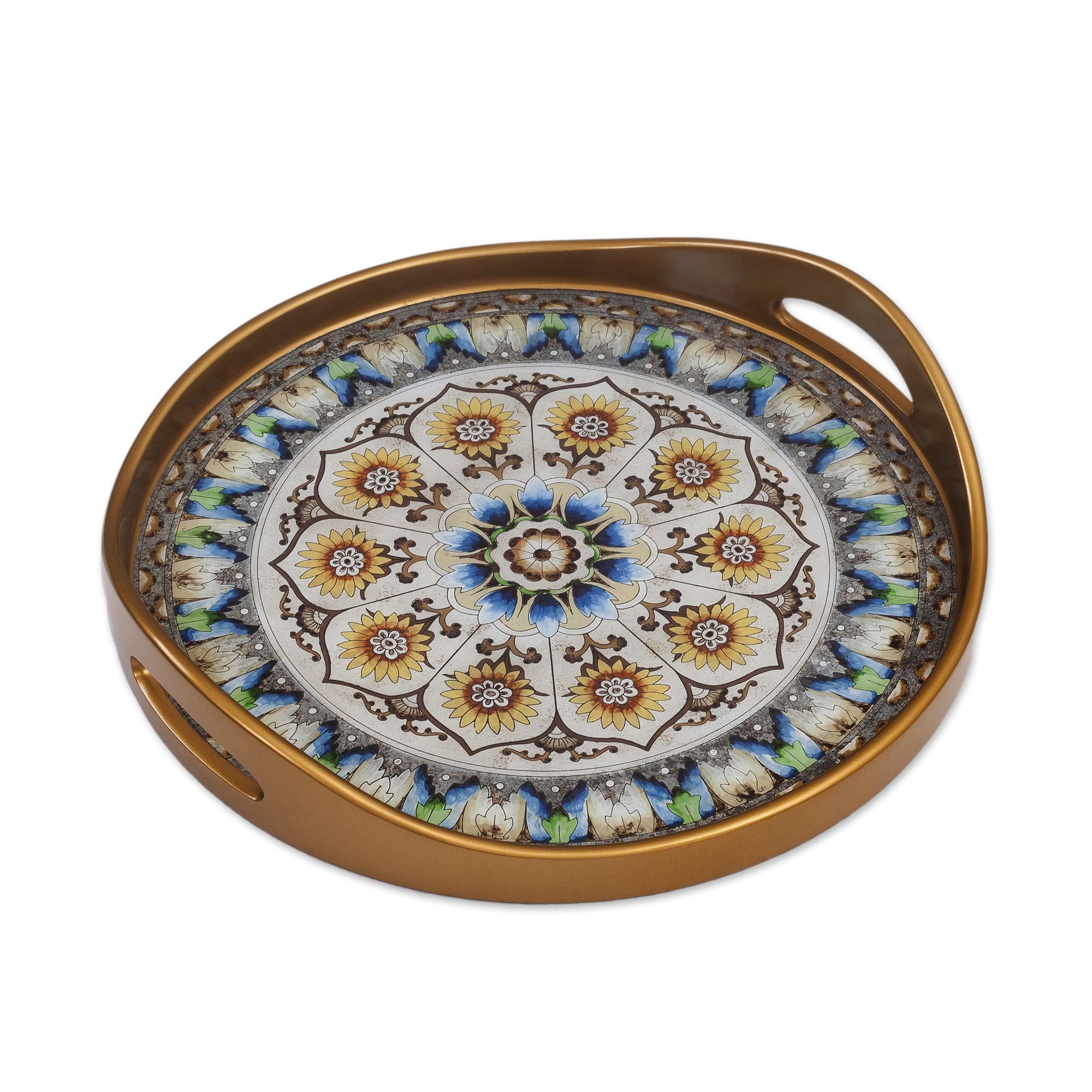Premium Andean Mandala Reverse-Painted Glass Tray - Blue & Gold Artisan Design