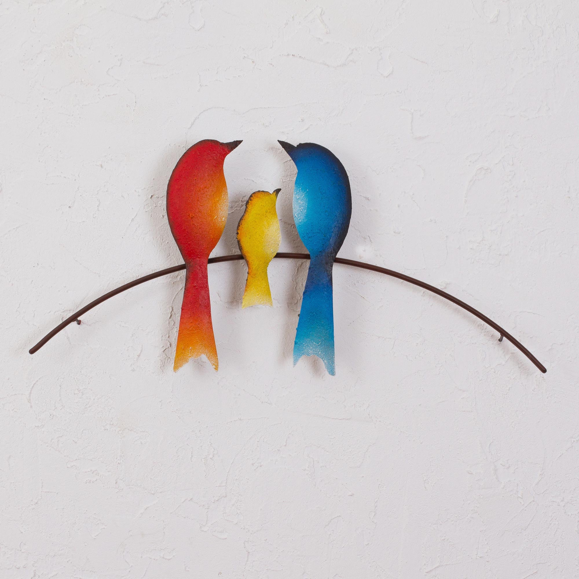 Premium Handcrafted Steel Wall Sculpture: Vibrant Bird Family Art from Mexico
