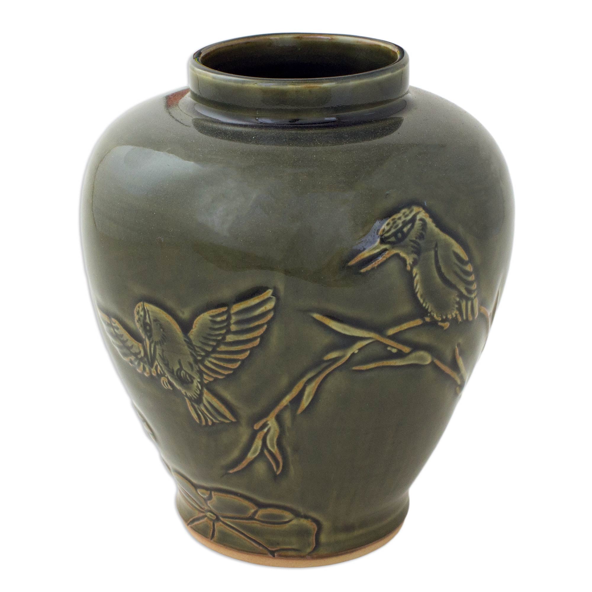 Premium Handcrafted Green Ceramic Vase with Hummingbird & Bamboo Design