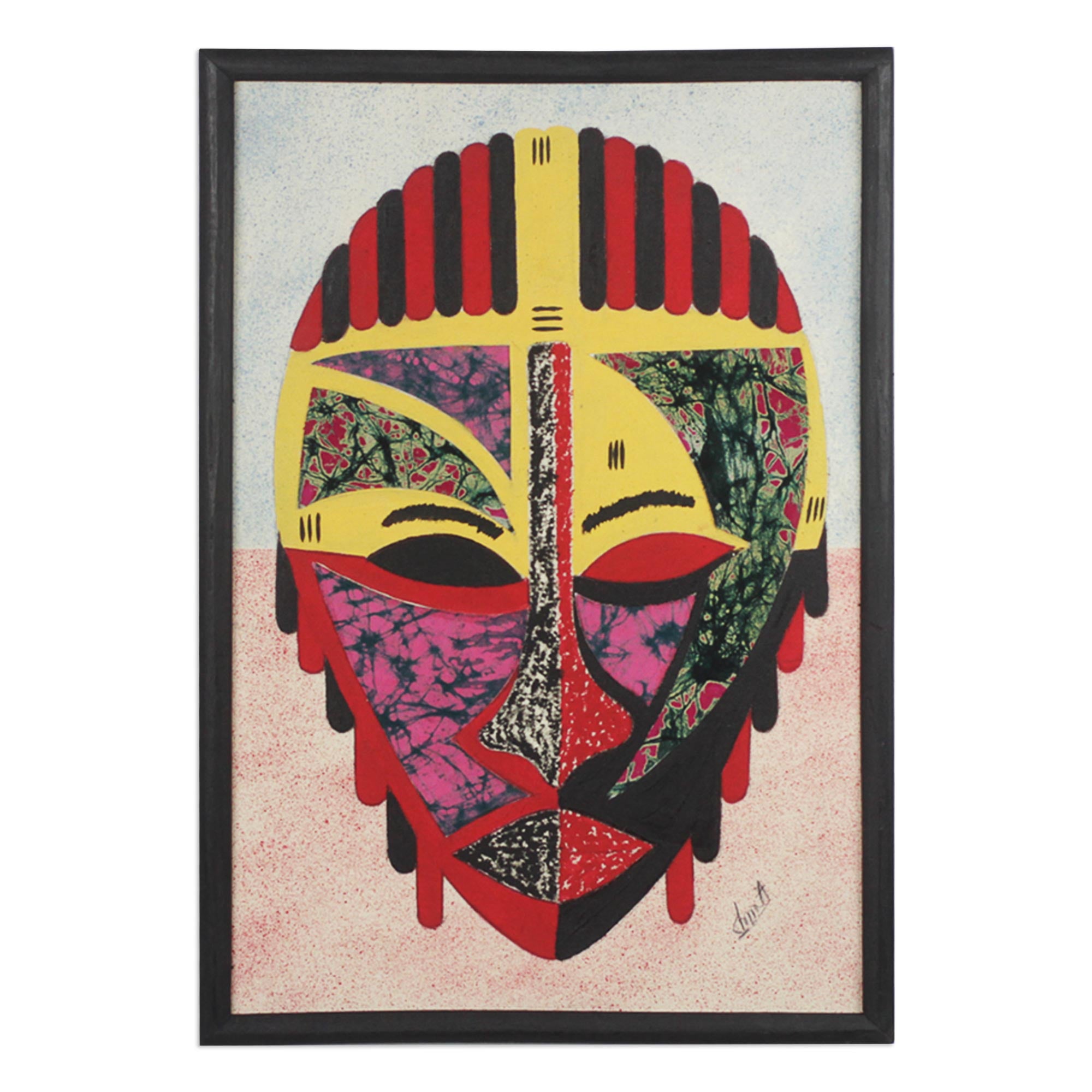 Premium African Mask Oil Painting - Handcrafted Cotton Batik Art from Ghana