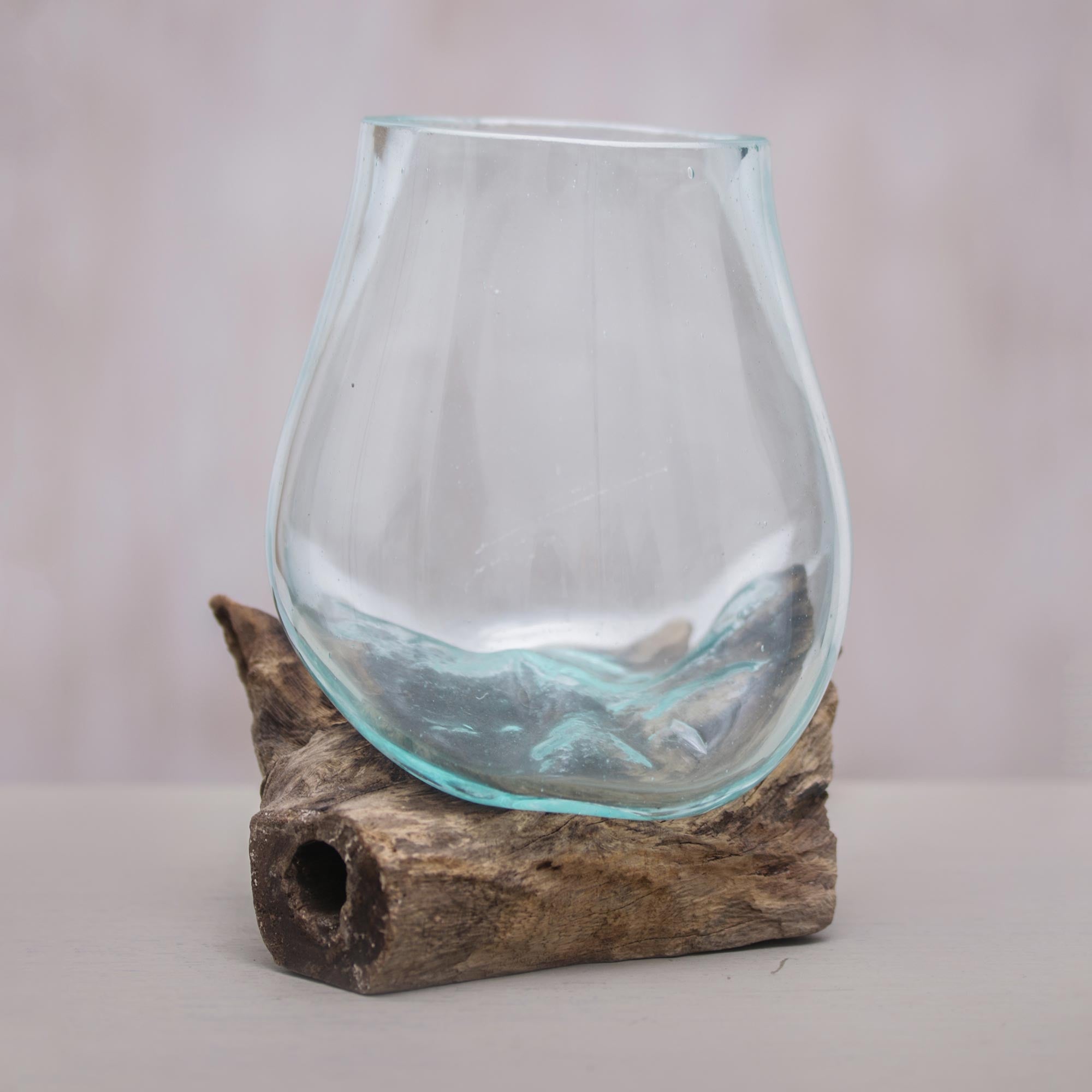 Premium Handcrafted Clear Horizon Vase - Blown Glass & Albesia Wood, Made in Bali