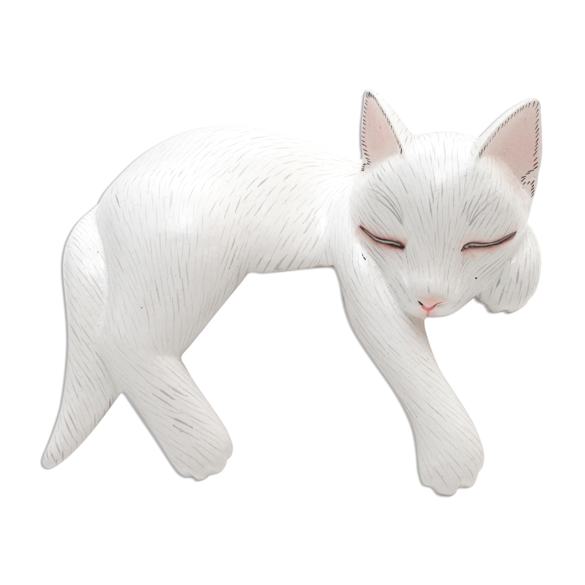 Premium Hand-Carved Suar Wood Cat Statue: White Lounging Cat