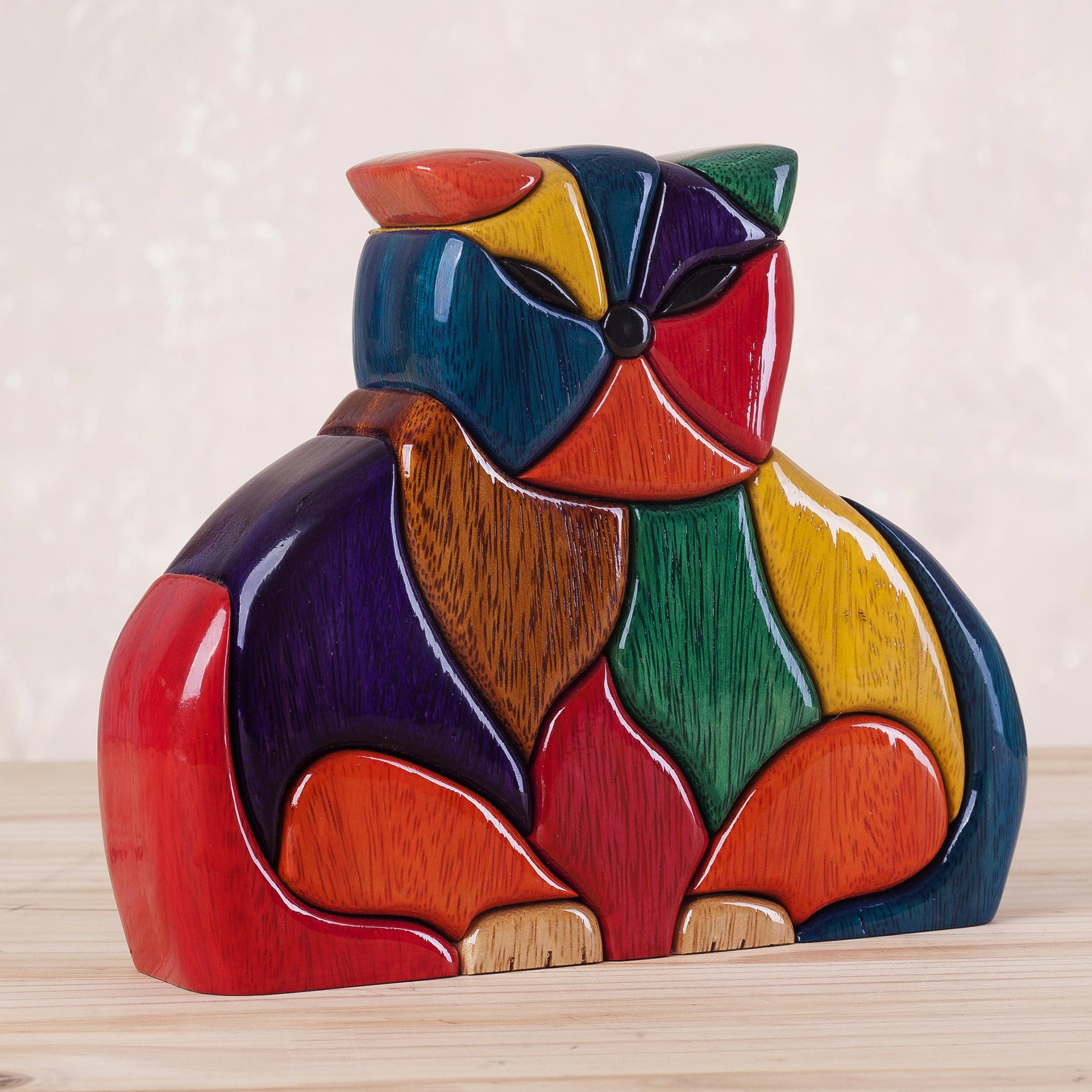Premium Handcrafted Patchwork Cat Sculpture in Ishpingo Wood