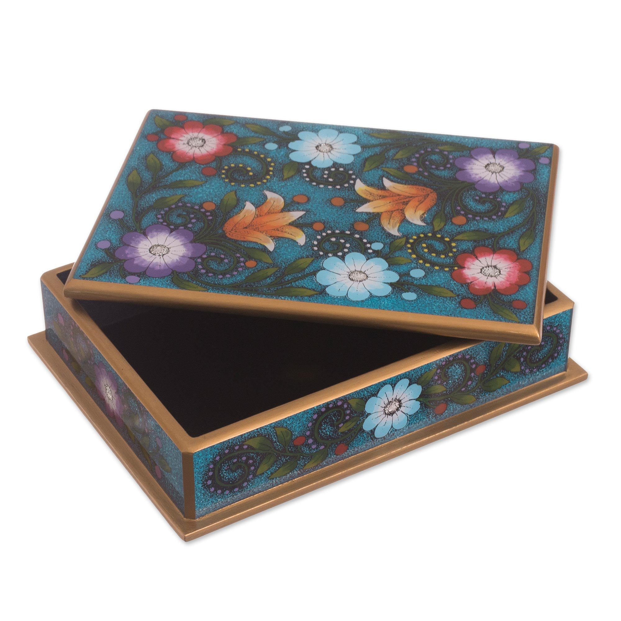 Premium Blue Floral Reverse-Painted Glass Decorative Box - Handcrafted Margarita Garden Design