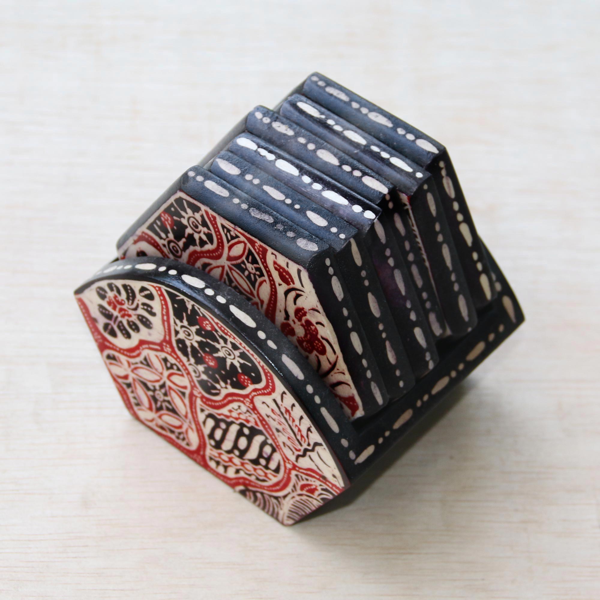 Premium Sekarjagad Batik Wood Coaster Set - Red & Black Floral Design with Holder