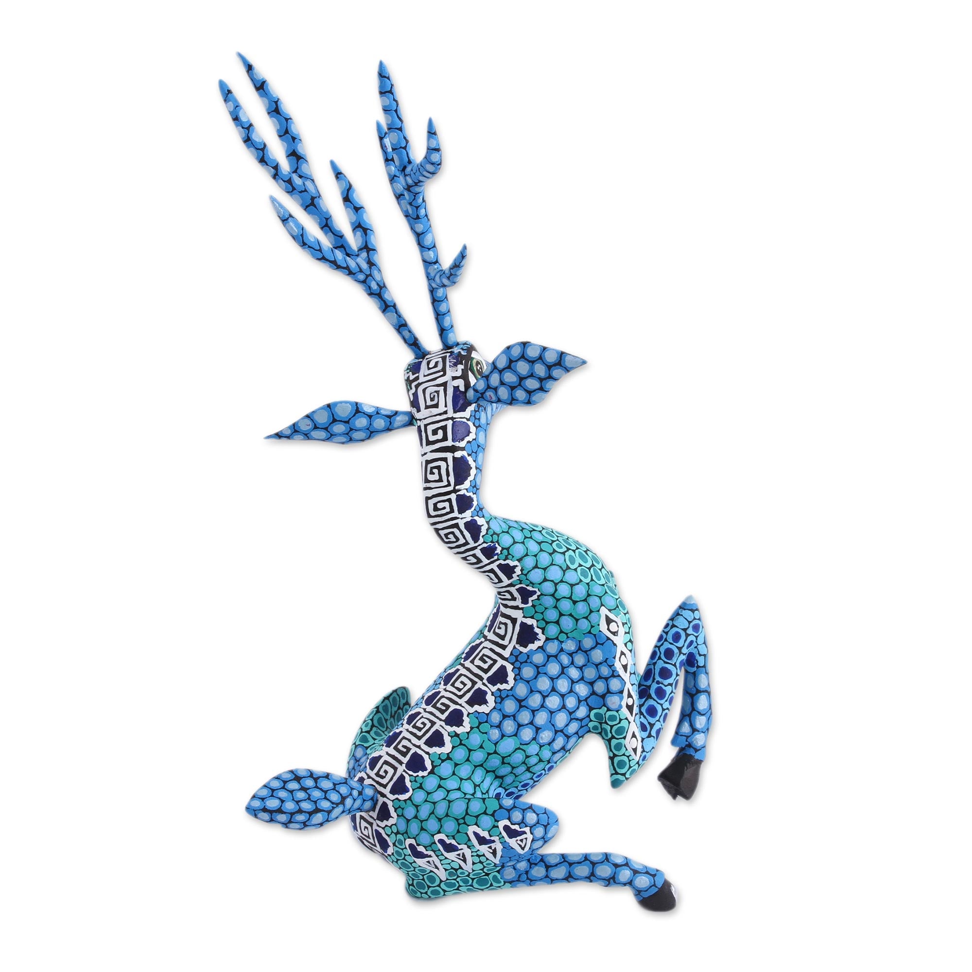 Premium Hand-Painted Blue Alebrije Deer Sculpture – Mexican Folk Art