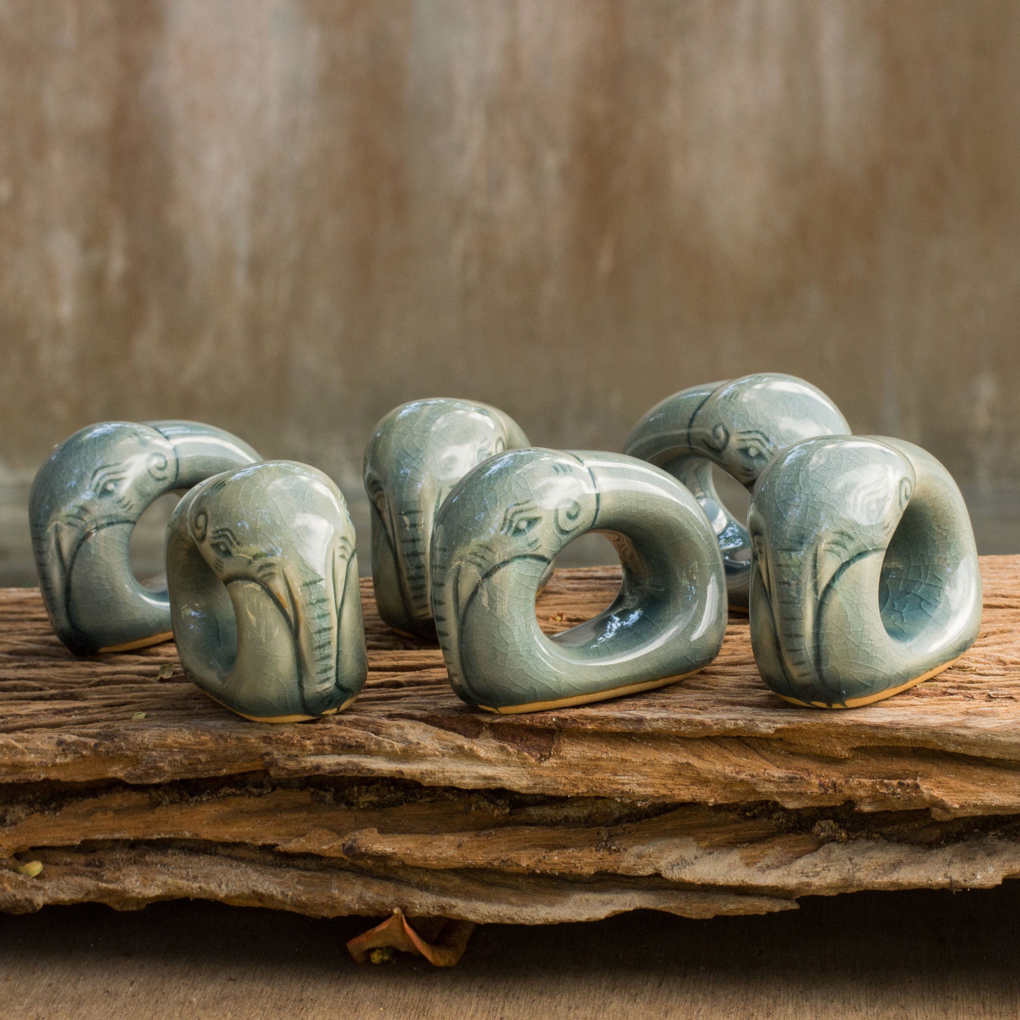 Premium Celadon Elephant Napkin Rings Set of 6 – Guardian Blue