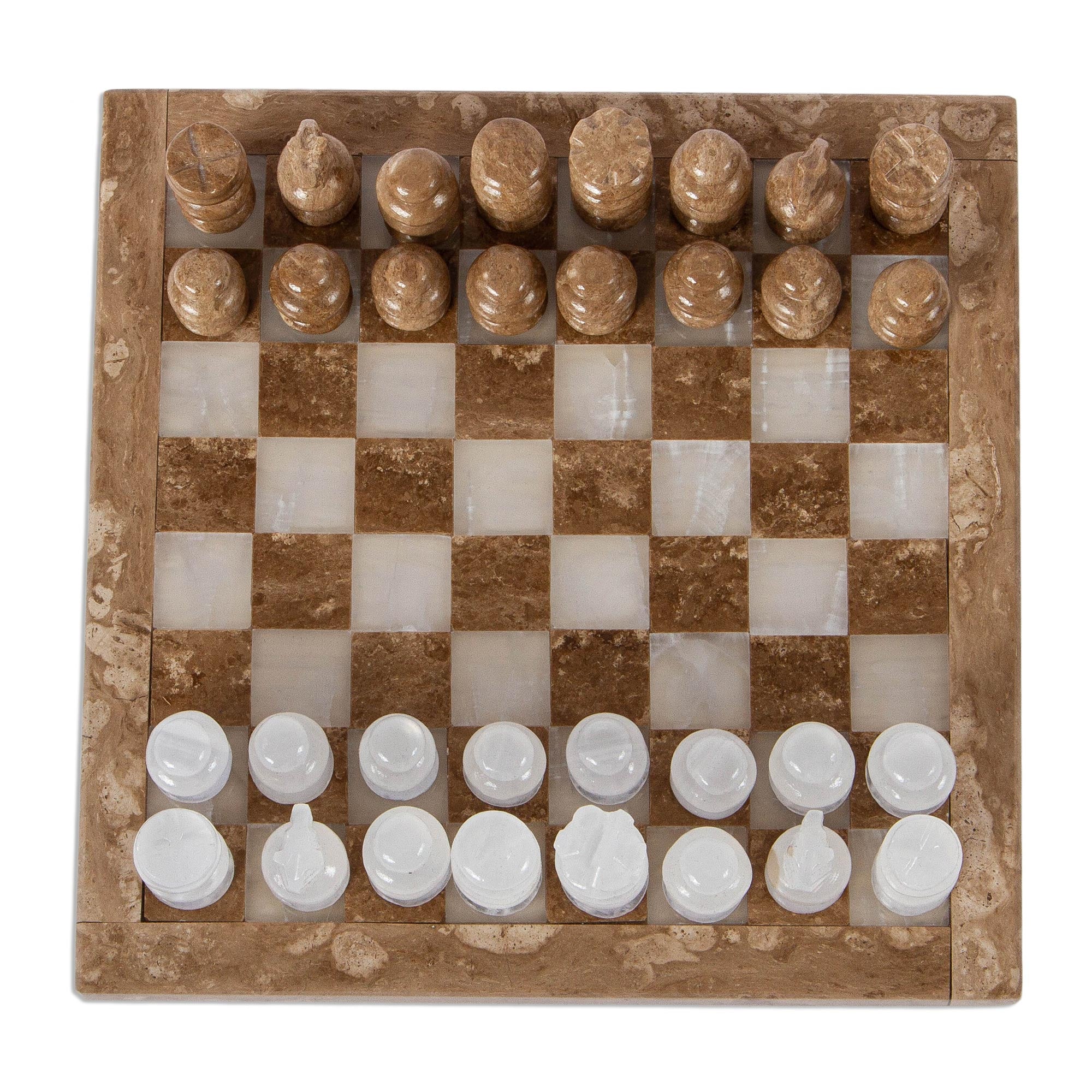 Premium Brown & White Onyx and Marble Chess Set - Handcrafted 7.5 in. Board