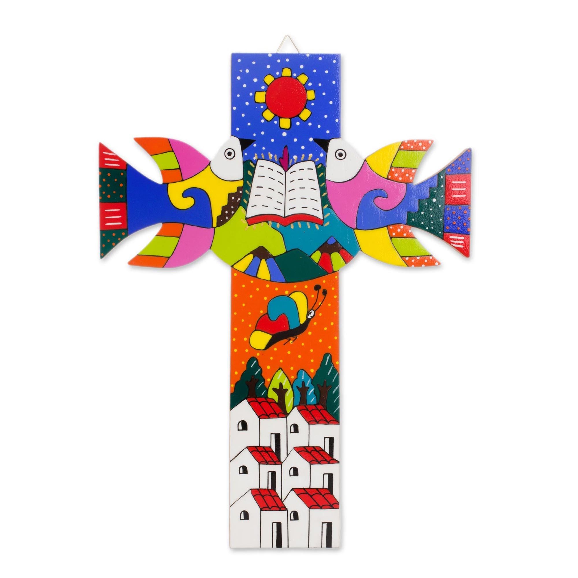 Premium Hand-Painted Pinewood Wall Cross with Sacred Book Design from El Salvador