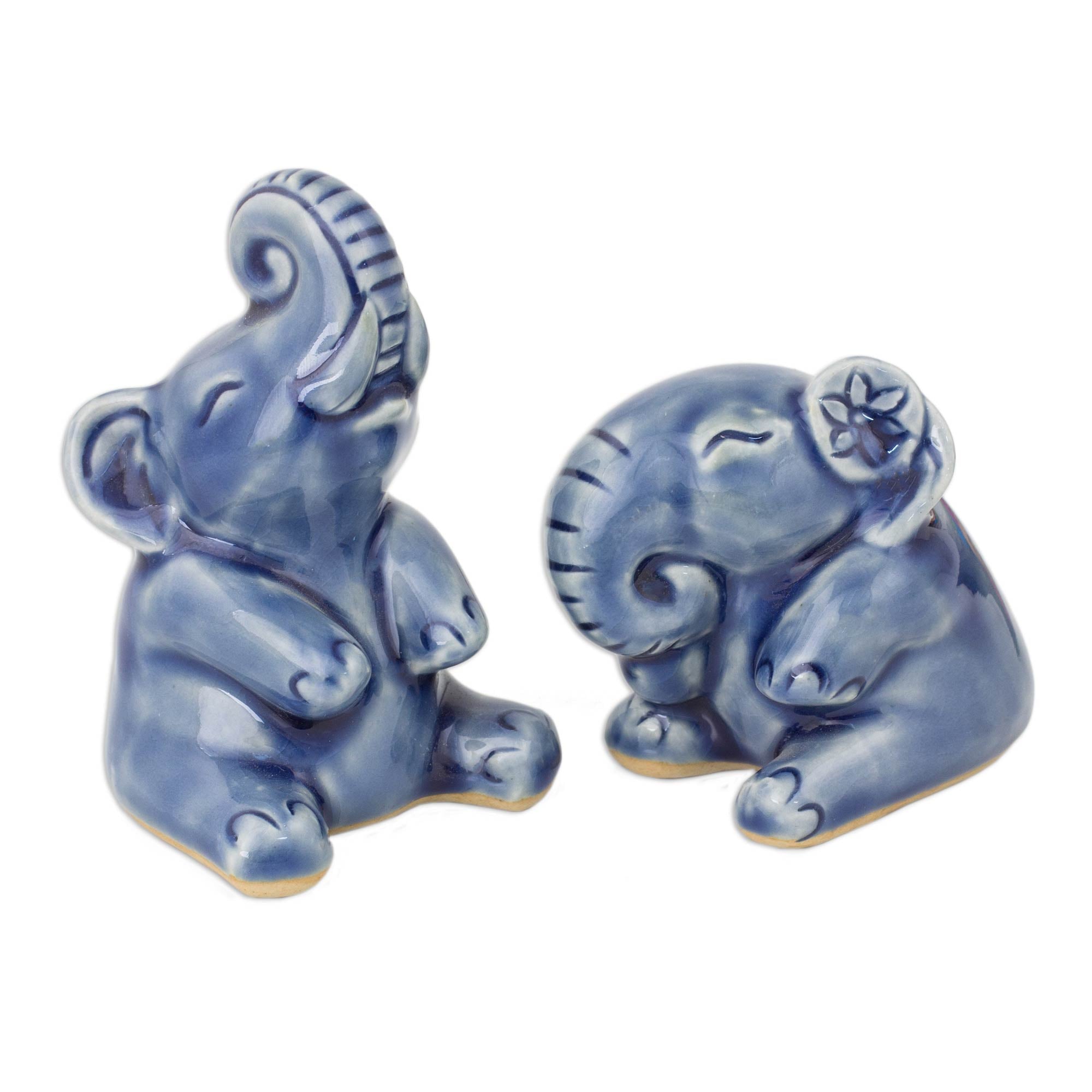 Premium Handcrafted Celadon Ceramic Elephant Sculptures - Laughing Pair
