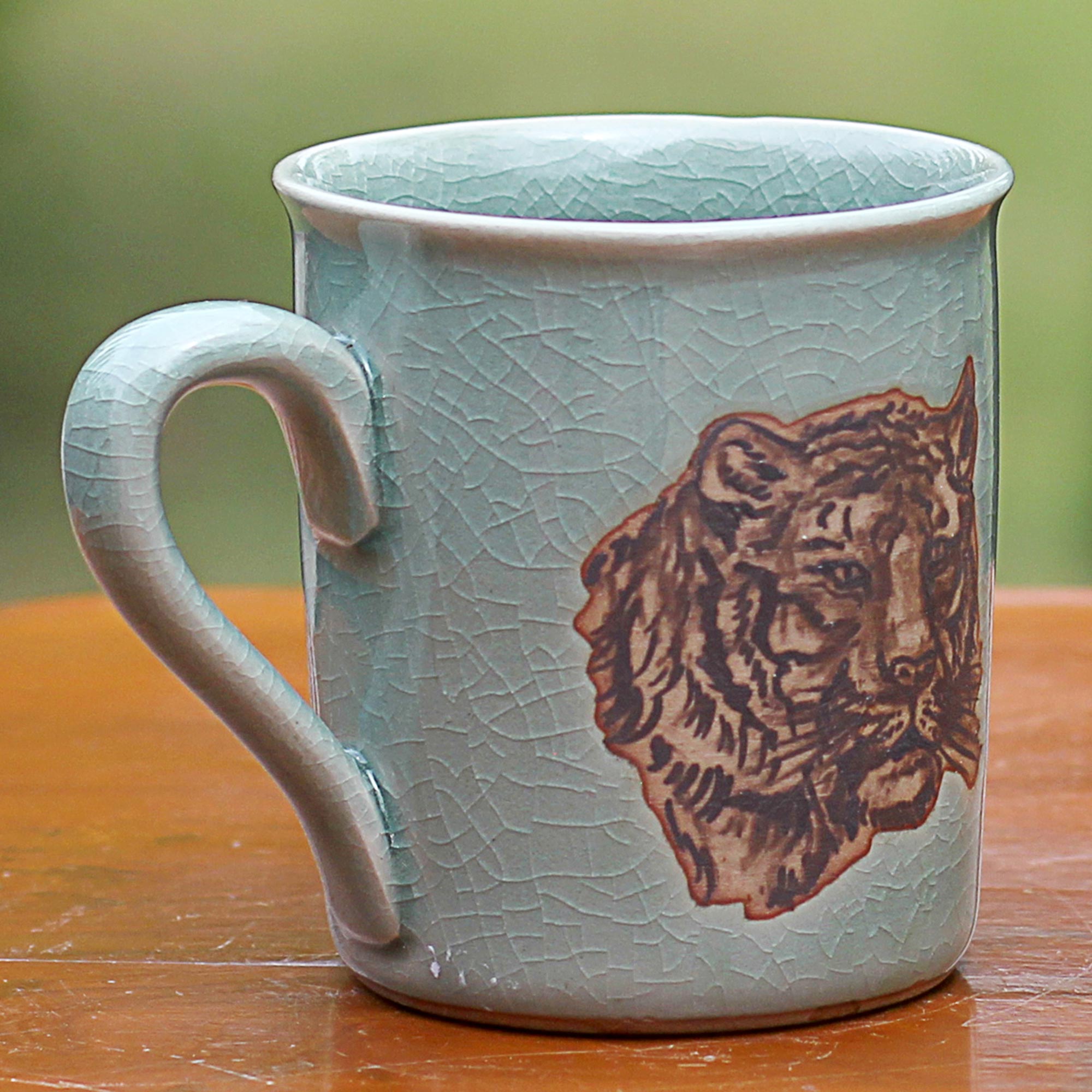 Premium Hand-Painted Celadon Tiger Mug – Thai Artisan Crafted