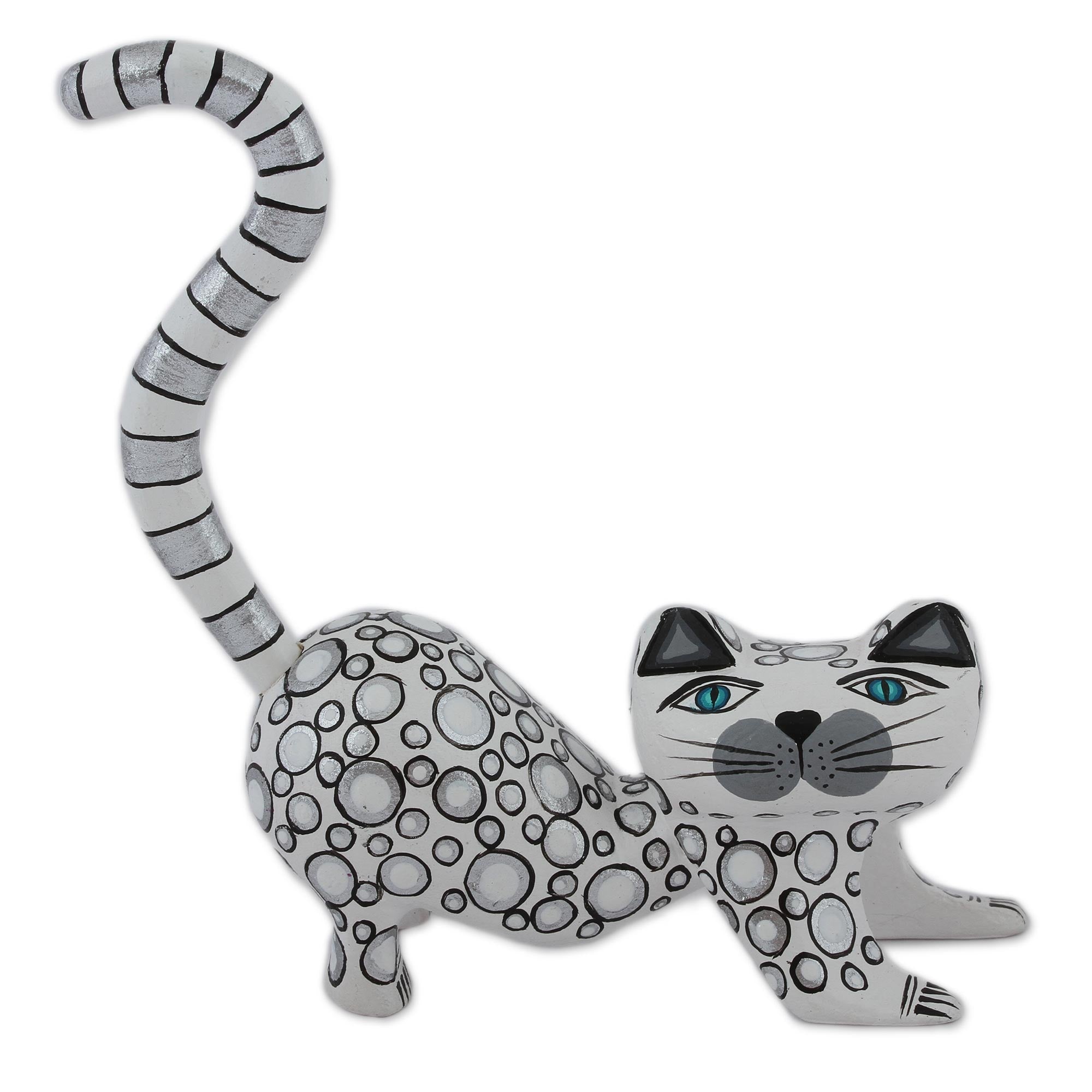 Premium Handcrafted White Wood Alebrije Cat Figurine - Playful Curiosity Cousin