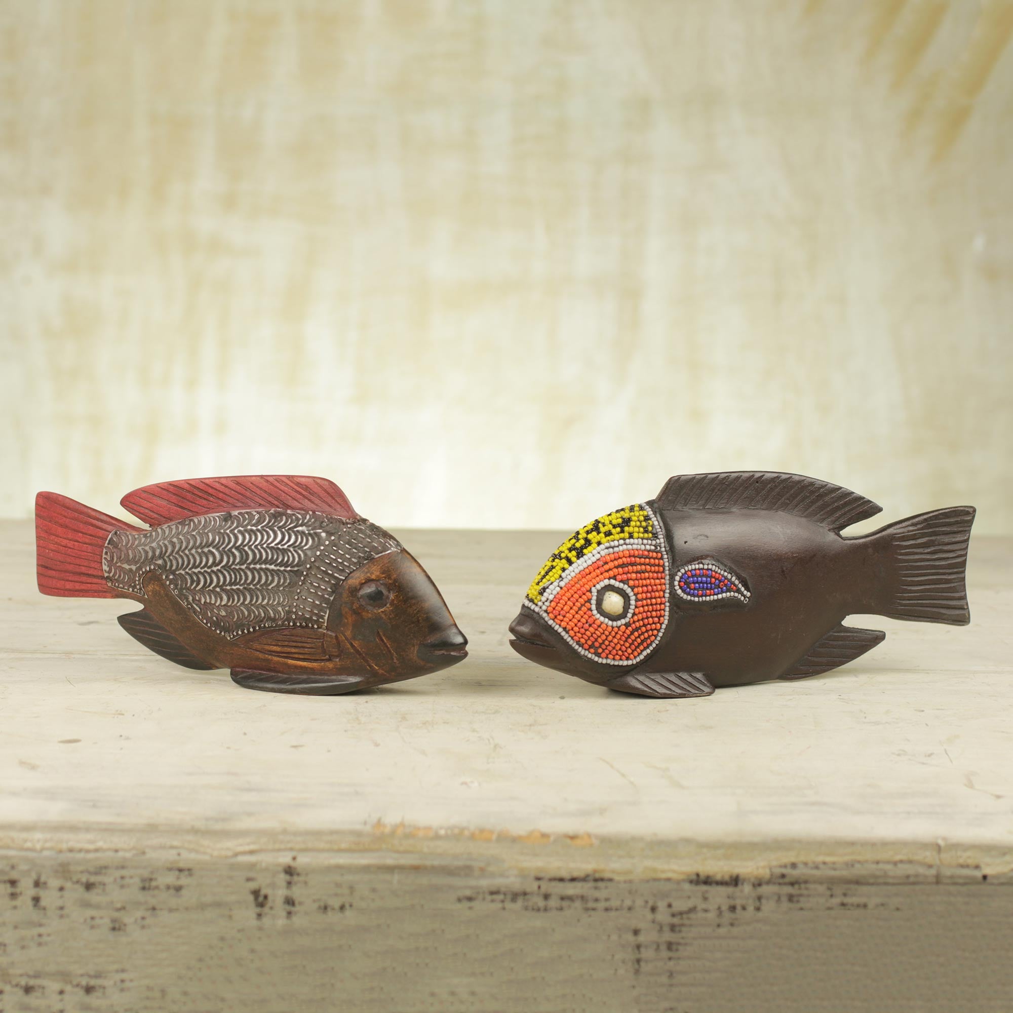 Premium African Tilapia Wood Sculpture Duo - Handcrafted Art