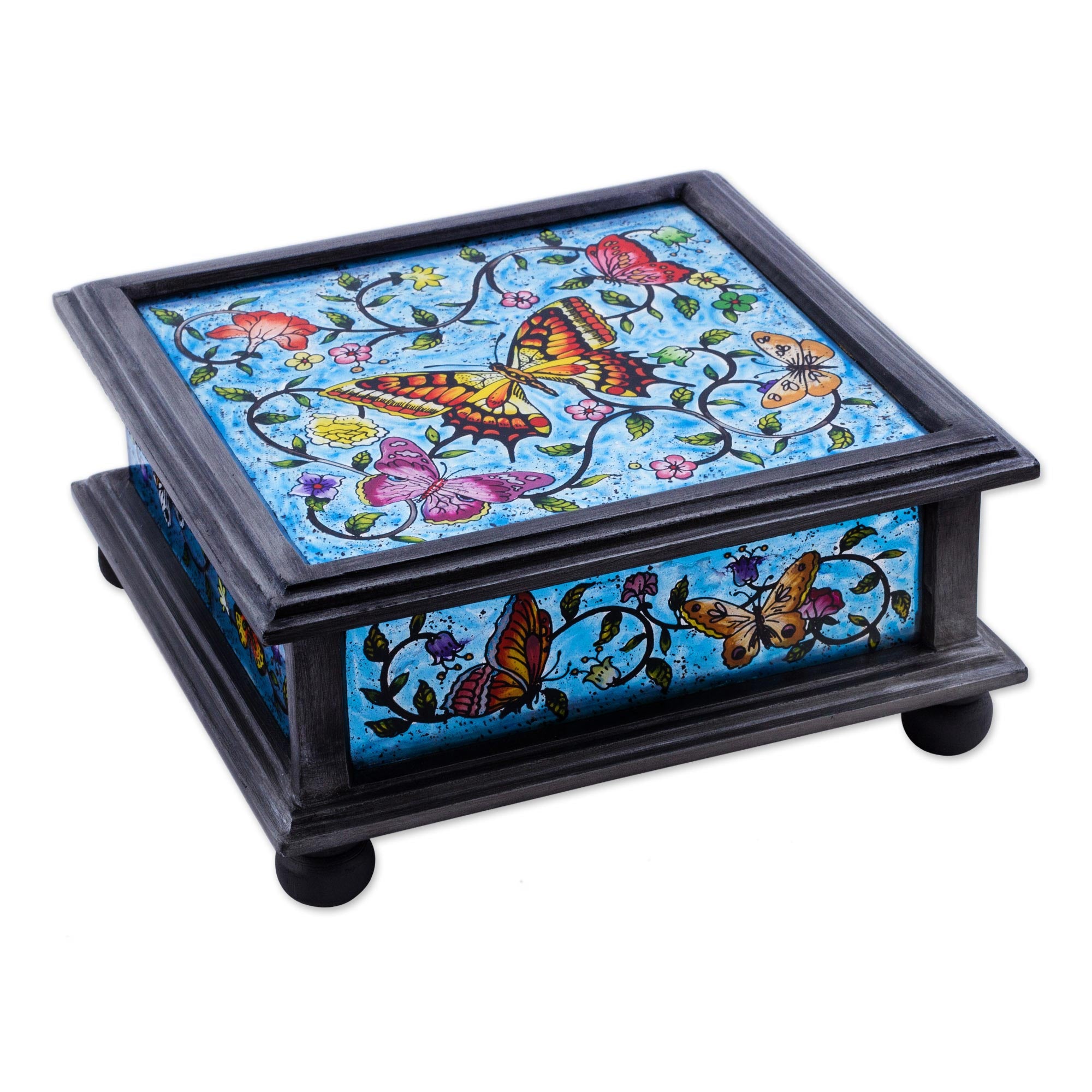 Premium Blue Winter Butterflies Reverse Painted Glass Decorative Box
