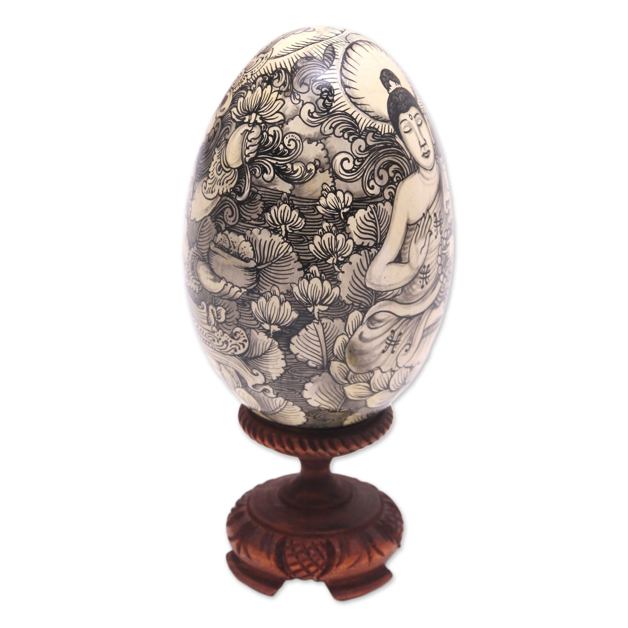 Premium Hand-Painted Buddha & Ganesha Wood Egg Statuette - Ultimate Spiritual Decor
