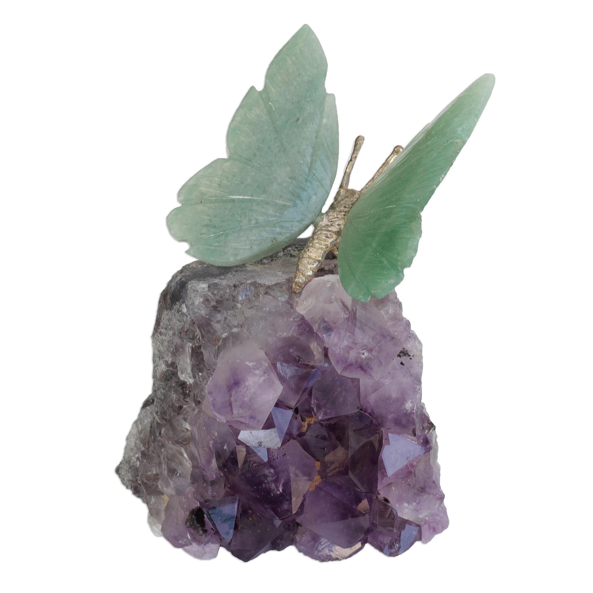 Premium Verdant Wings Butterfly Sculpture: Quartz & Amethyst Gemstone Art