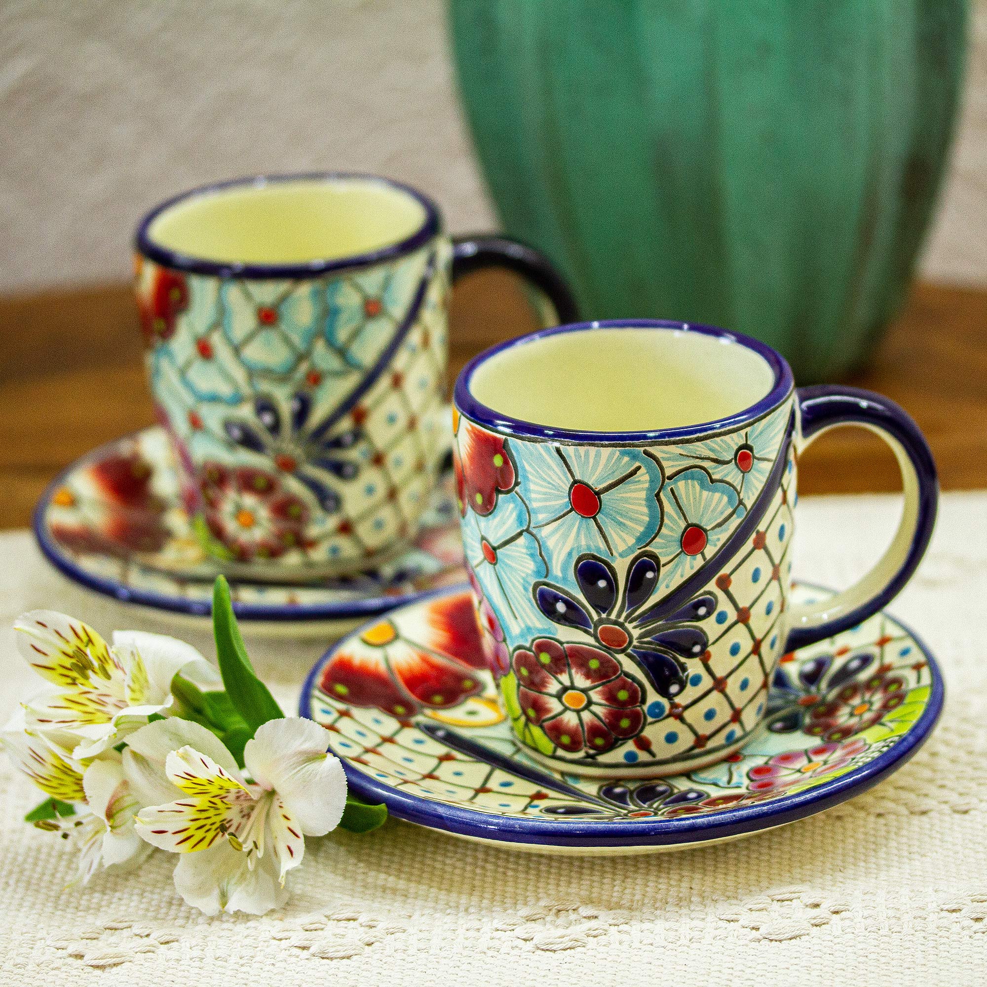 Premium Talavera-Style Cups and Saucers: Handcrafted Mexican Artistry (Pair)