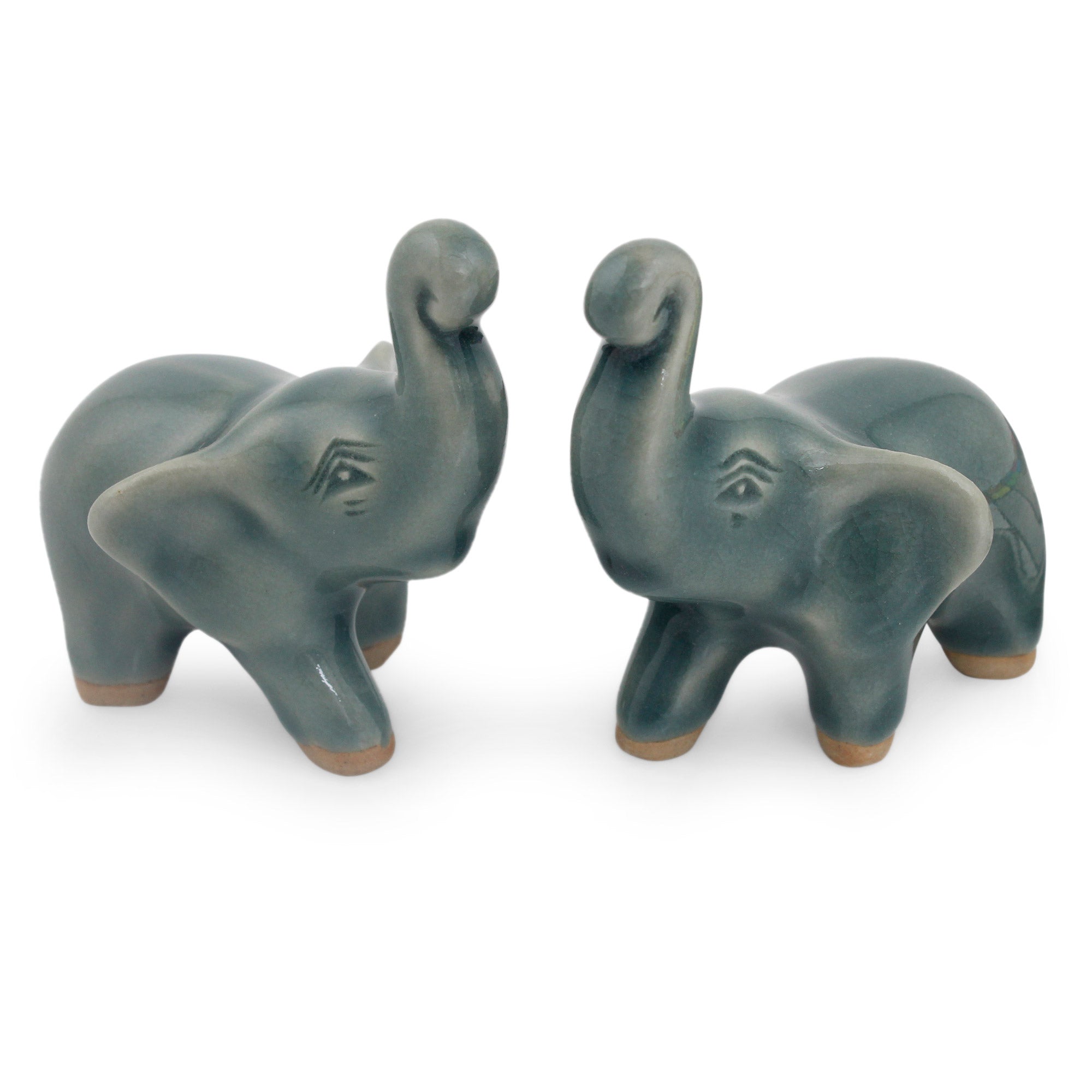 Premium Handcrafted Blue Celadon Elephant Figurines - Lucky Blue Elephants Duo