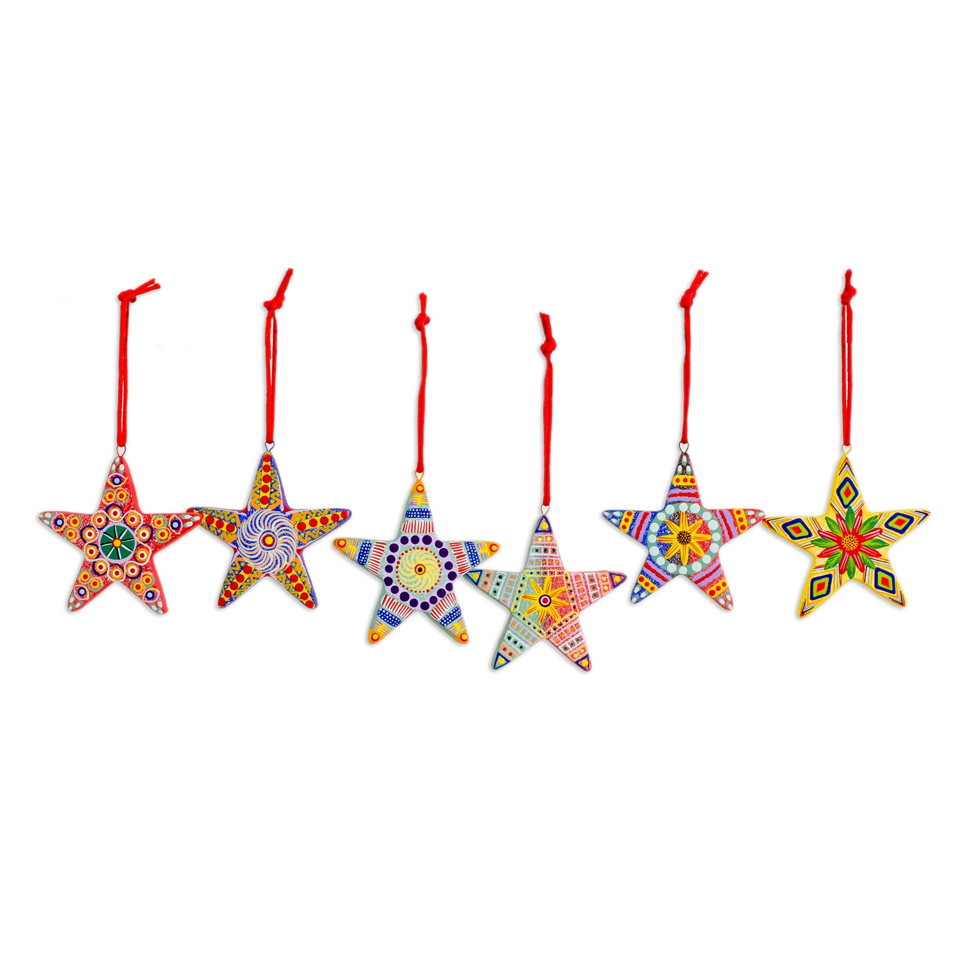 Premium Hand-Painted Christmas Star Ceramic Ornament Set - Set of 6