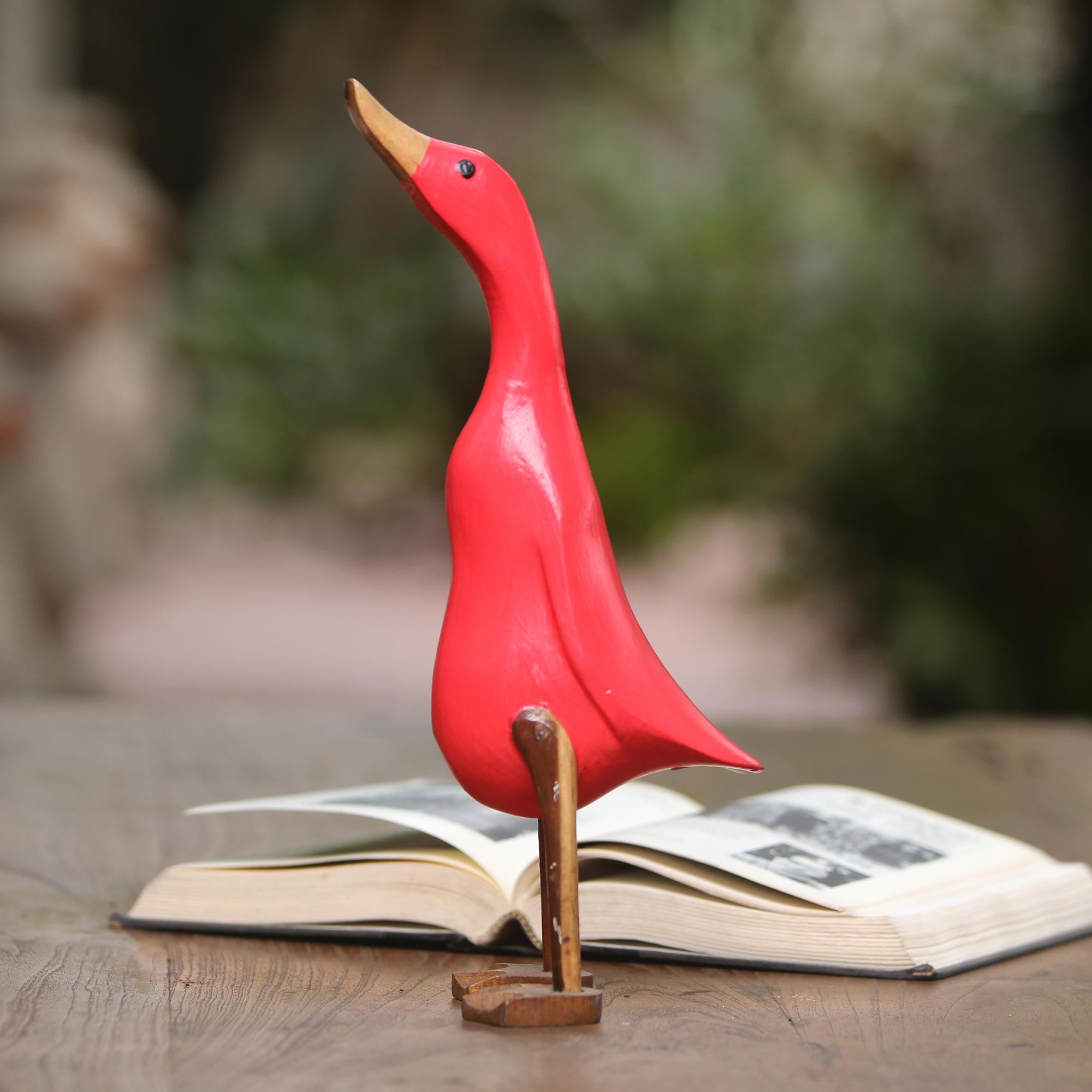 Premium Handcrafted Acacia Wood & Bamboo Root Duck Sculpture - Vibrant Red Home Decor from Bali