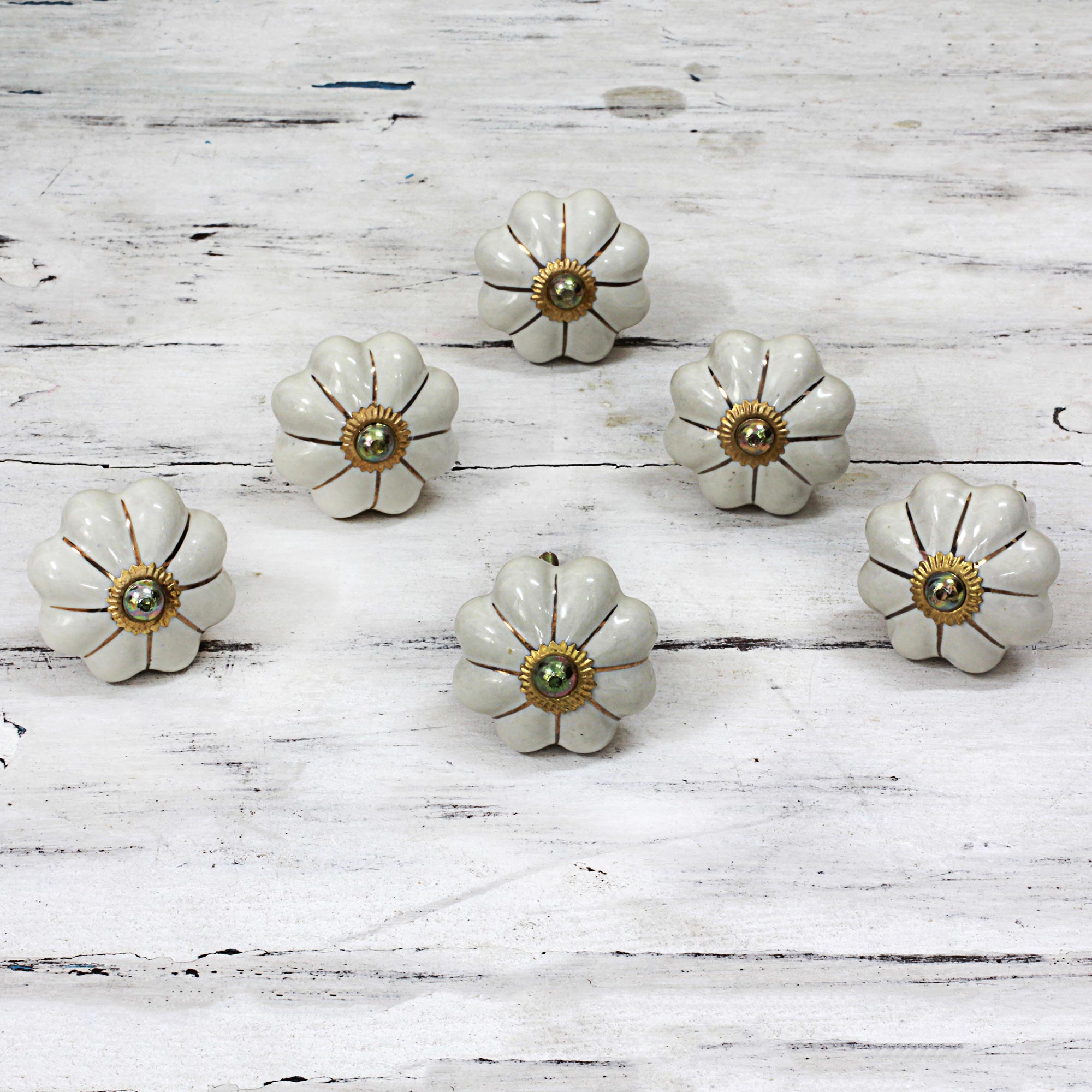 Premium Ceramic Floral Cabinet Knobs - Handcrafted Off-White Set of 6
