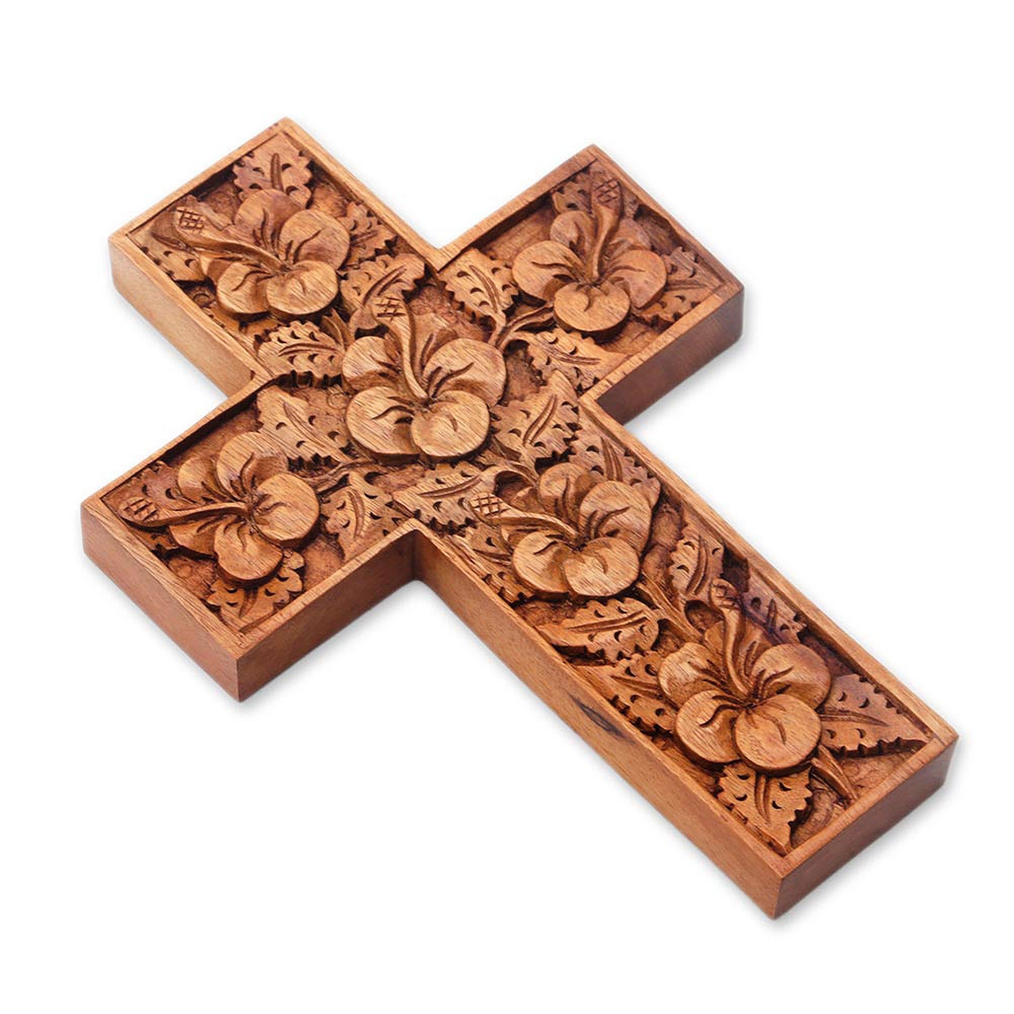 Premium Hand-Carved Hibiscus Wood Cross Sculpture - Tropical Elegance