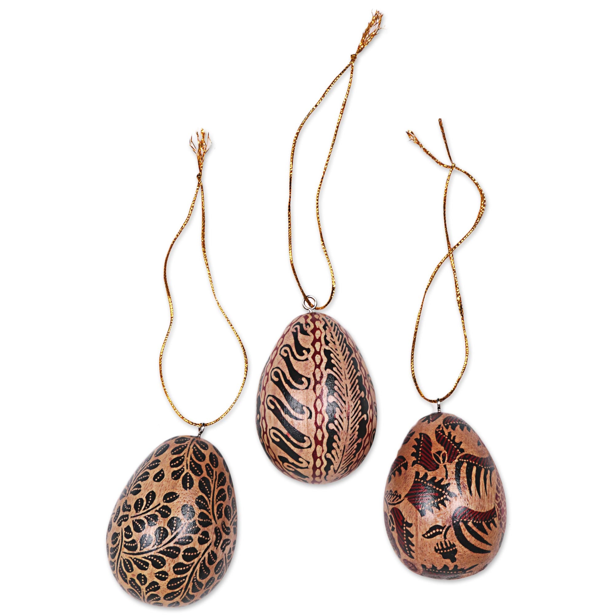 Premium Handcrafted Parang Batik Wood Egg Ornaments - Set of 3 from Indonesia