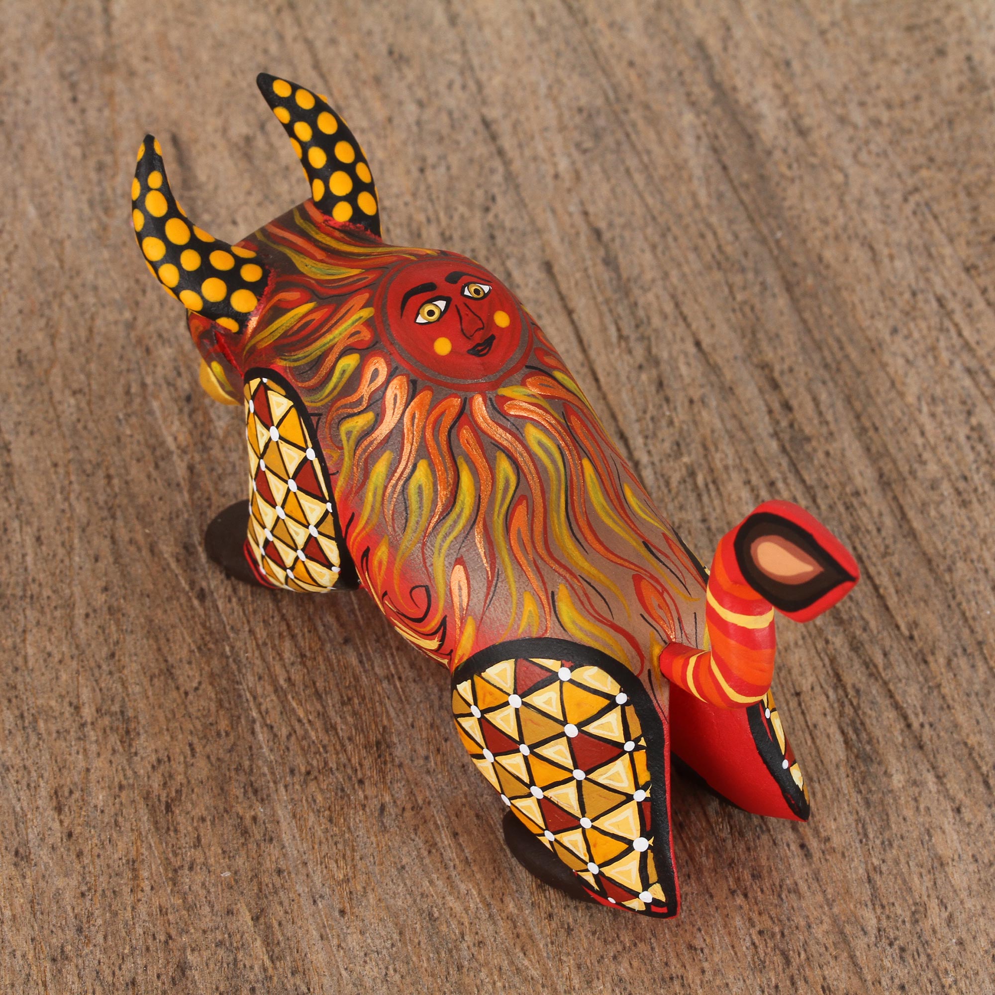 Premium Handcrafted Sun Force Orange Alebrije Bull - Multicolor Artisan Masterpiece