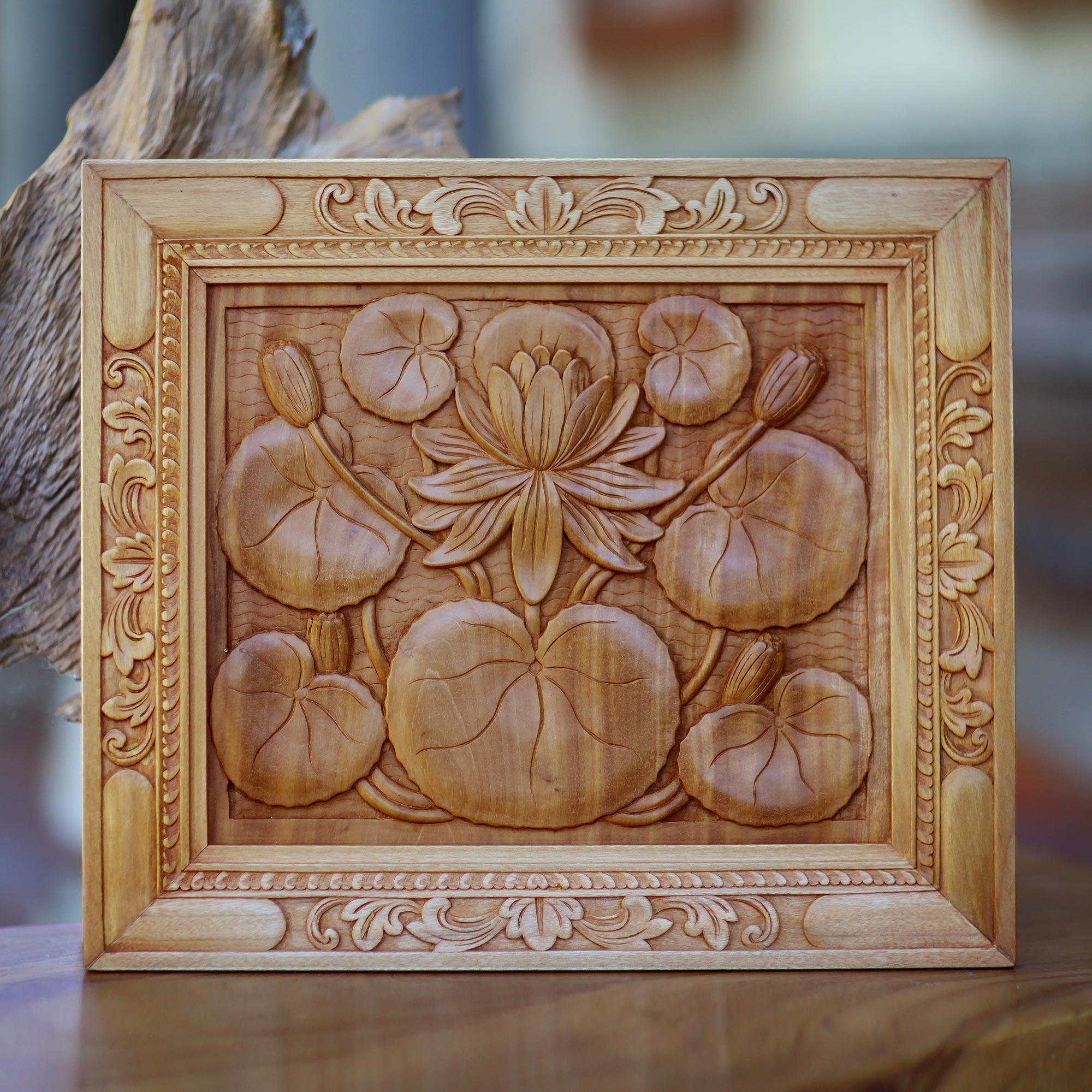 Premium Lotus Blossom Wood Relief Panel - Handcrafted Elegance