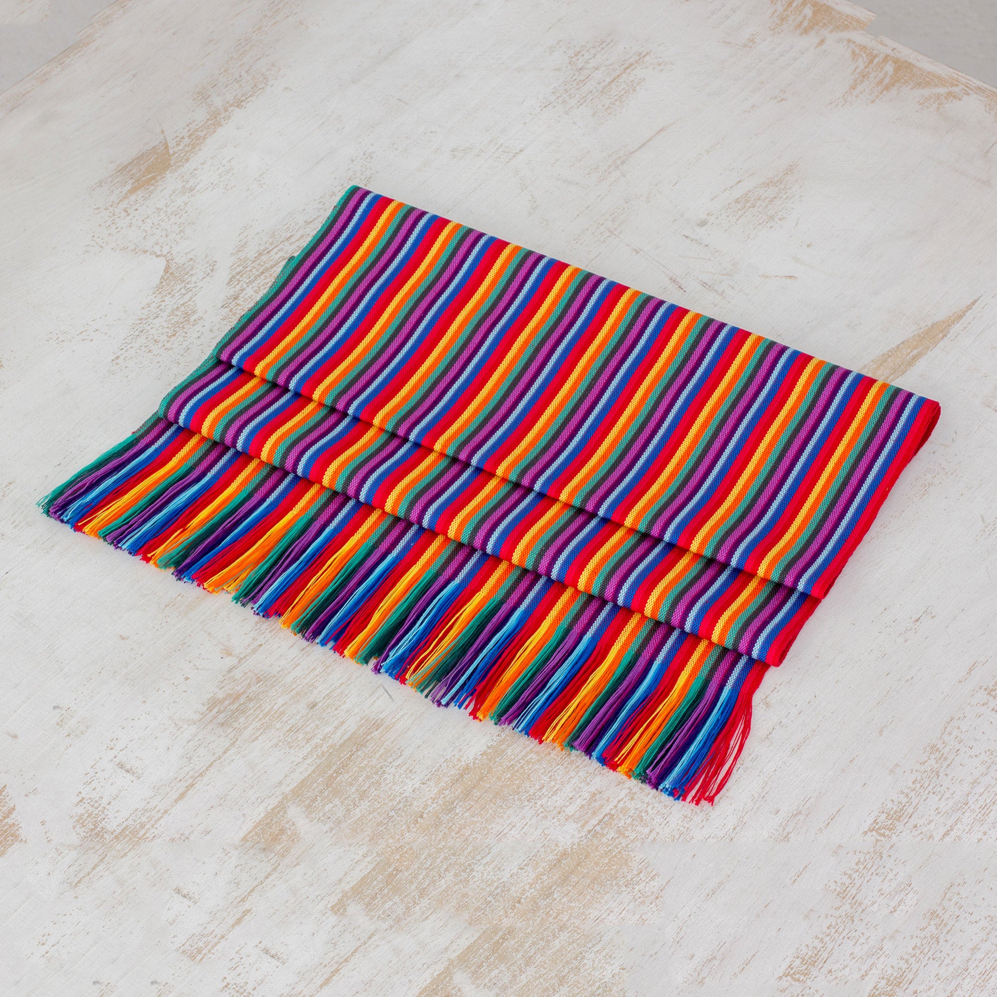 Premium Rainbow Striped Cotton Table Runner - Handwoven by Guatemalan Artisans