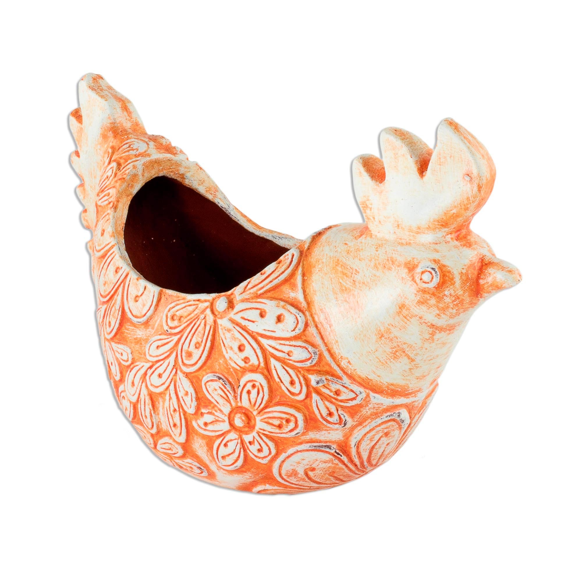 Premium Handcrafted Ginger Hen Ceramic Flower Pot - Vibrant Orange Home Decor from El Salvador