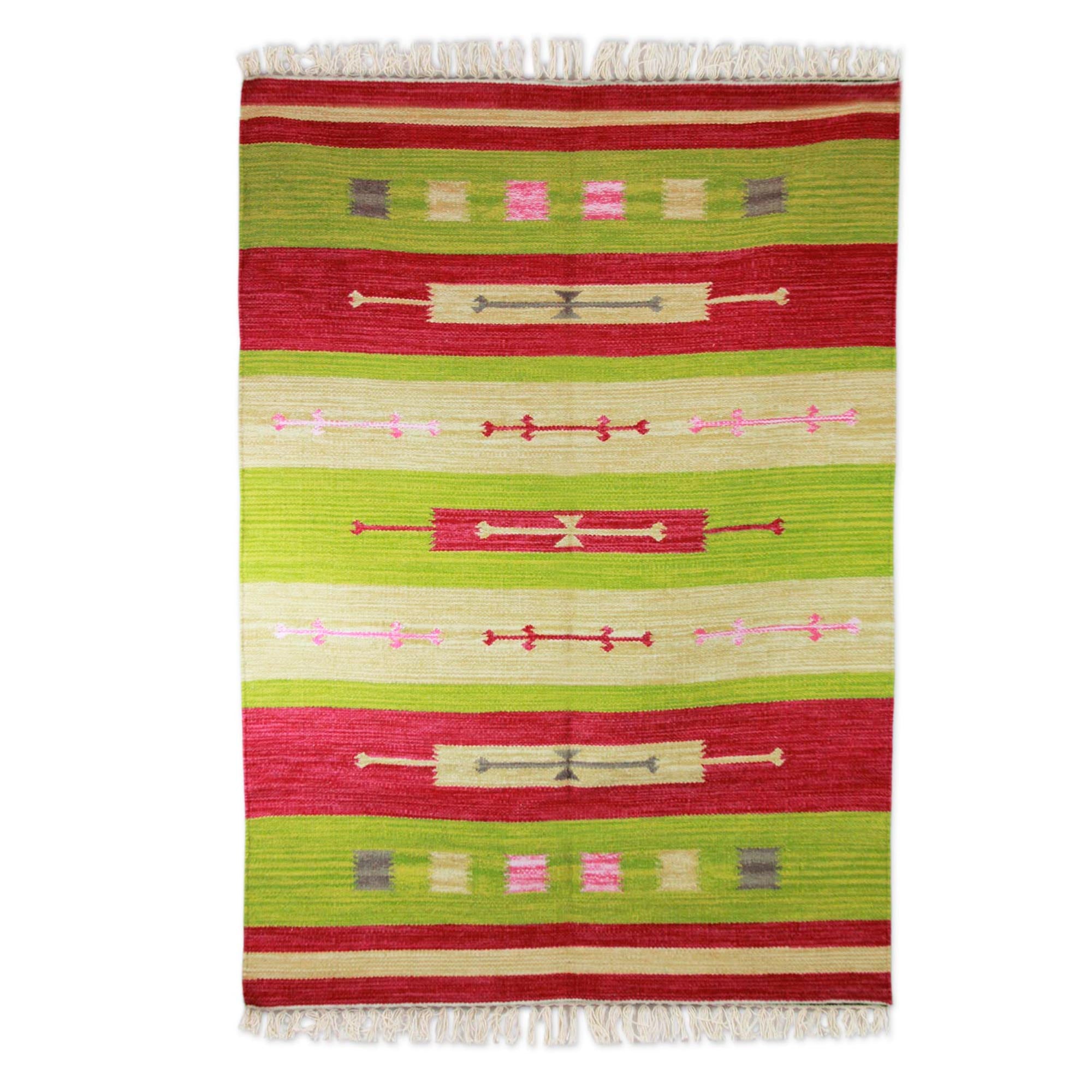 Premium Geometric Cherry Lime Wool Dhurrie Rug – 4x6 Handwoven Elegance