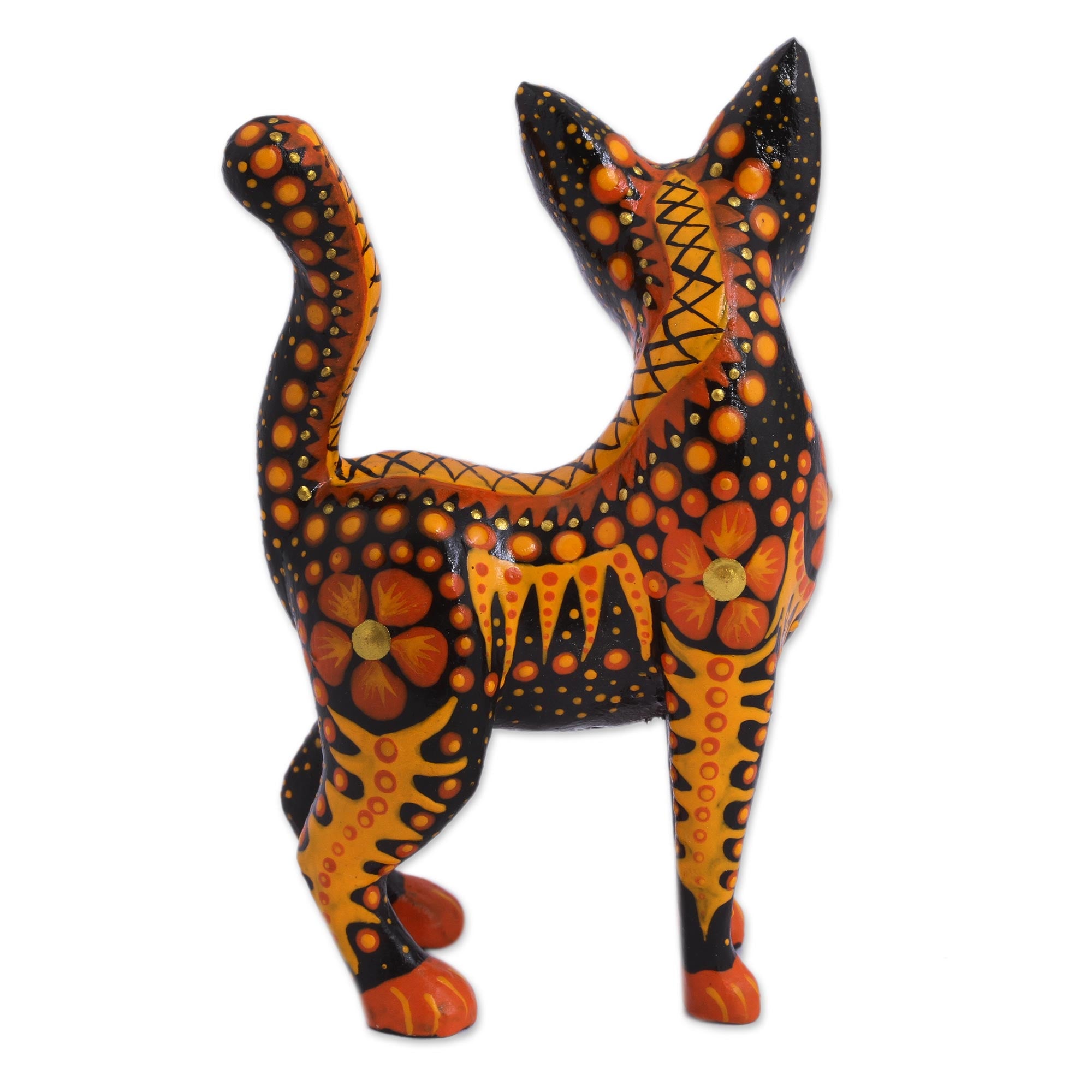 Premium Handcrafted Fiery Cat Alebrije Figurine - Orange Mexican Folk Art