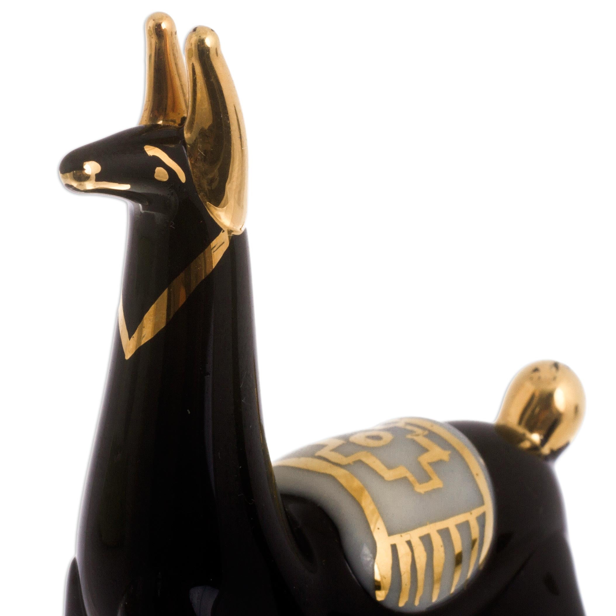 Premium Black Glass Llama Figurines Set of 4 with Gilded Accents - Handcrafted Andes Collection