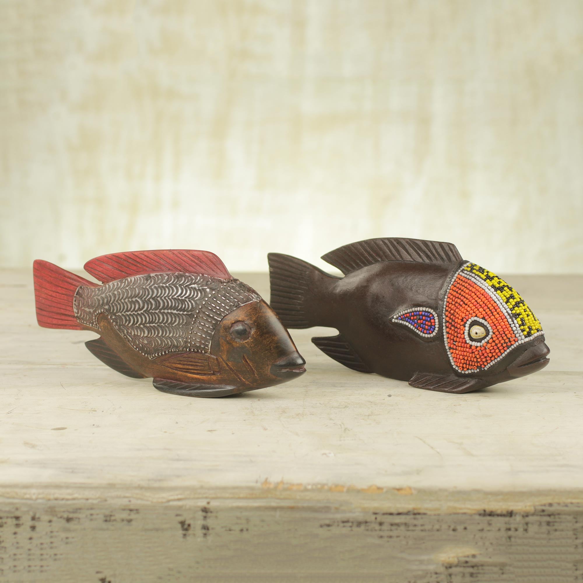 Premium African Tilapia Wood Sculpture Duo - Handcrafted Art