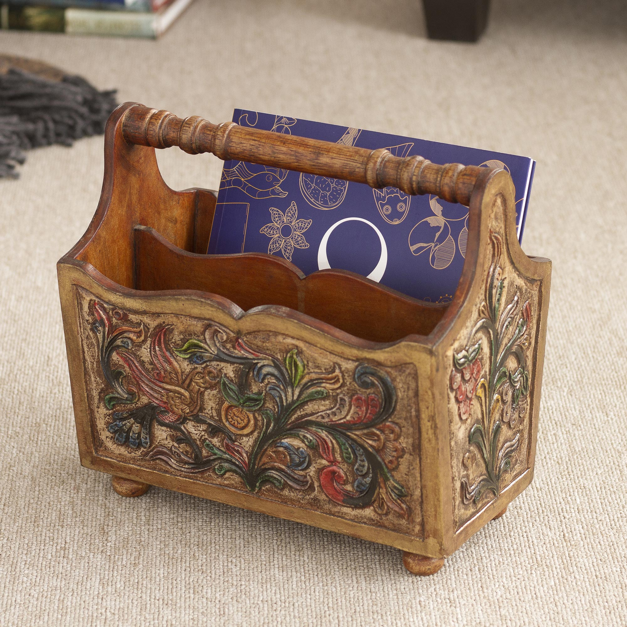 Premium Hand-Tooled Leather Magazine Rack with Mohena Wood Handle