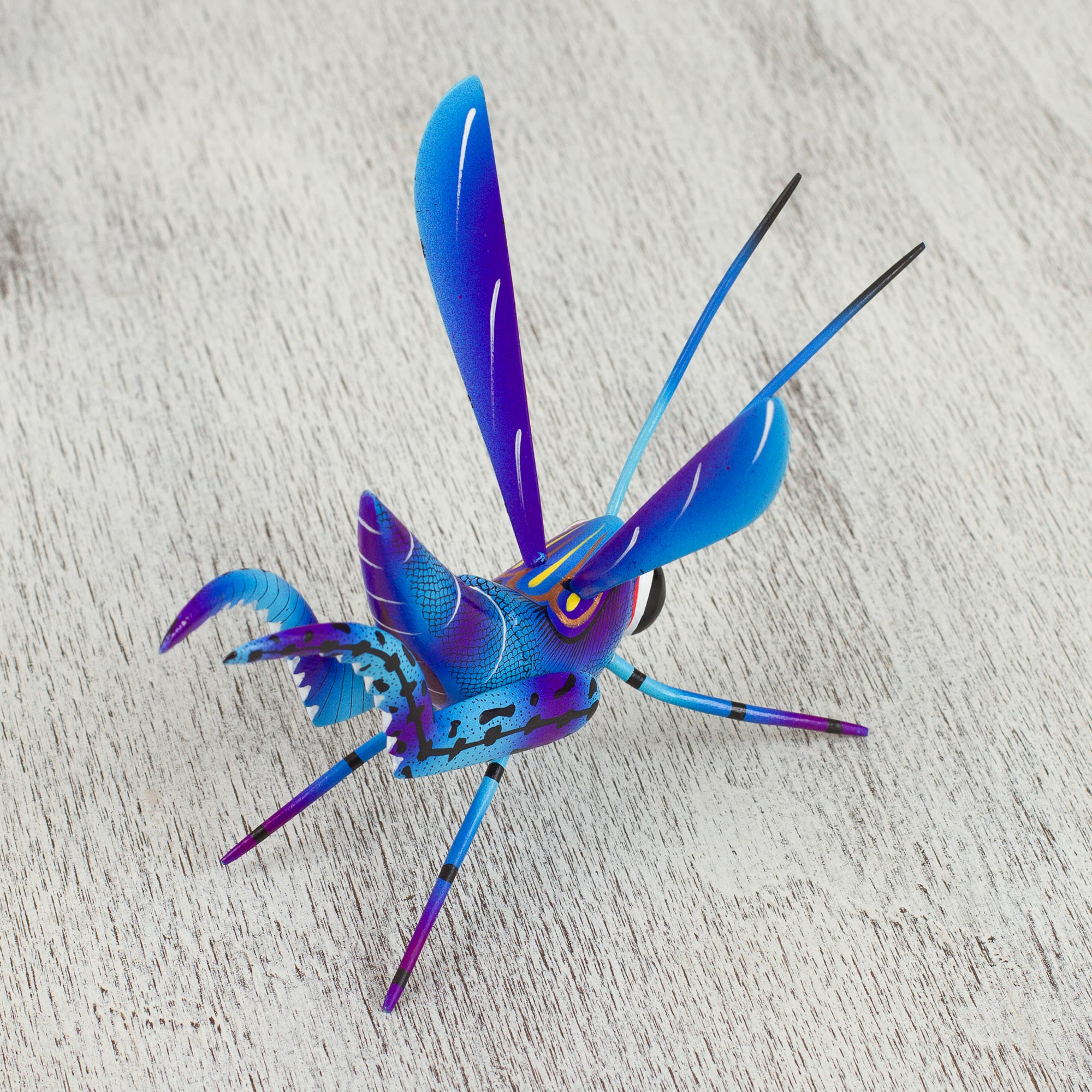 Premium Blue Cricket Alebrije Sculpture - Handcrafted Good Luck Charm from Mexico