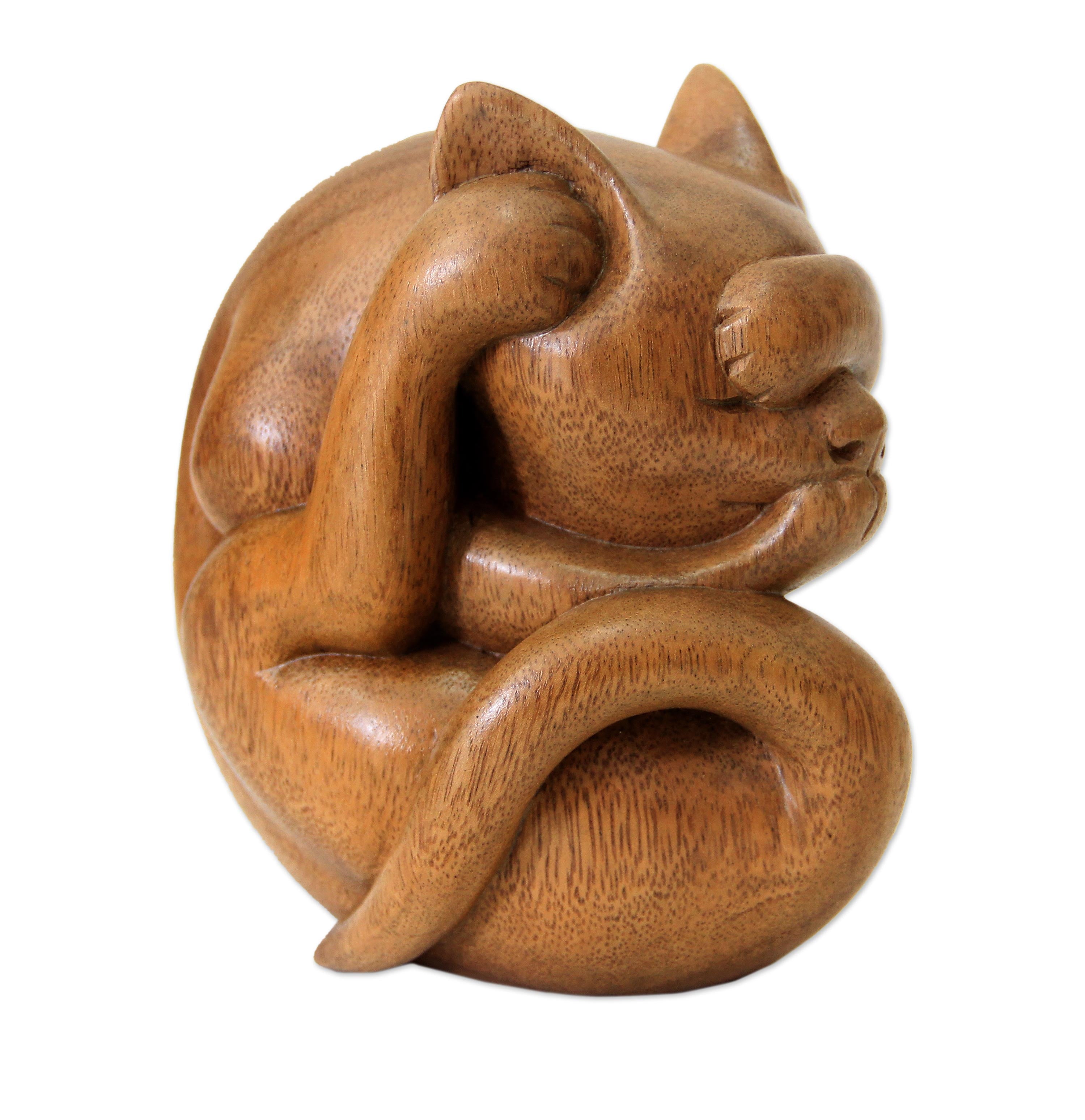 Premium Yogi Cat Wood Sculpture - Handcrafted Art Piece